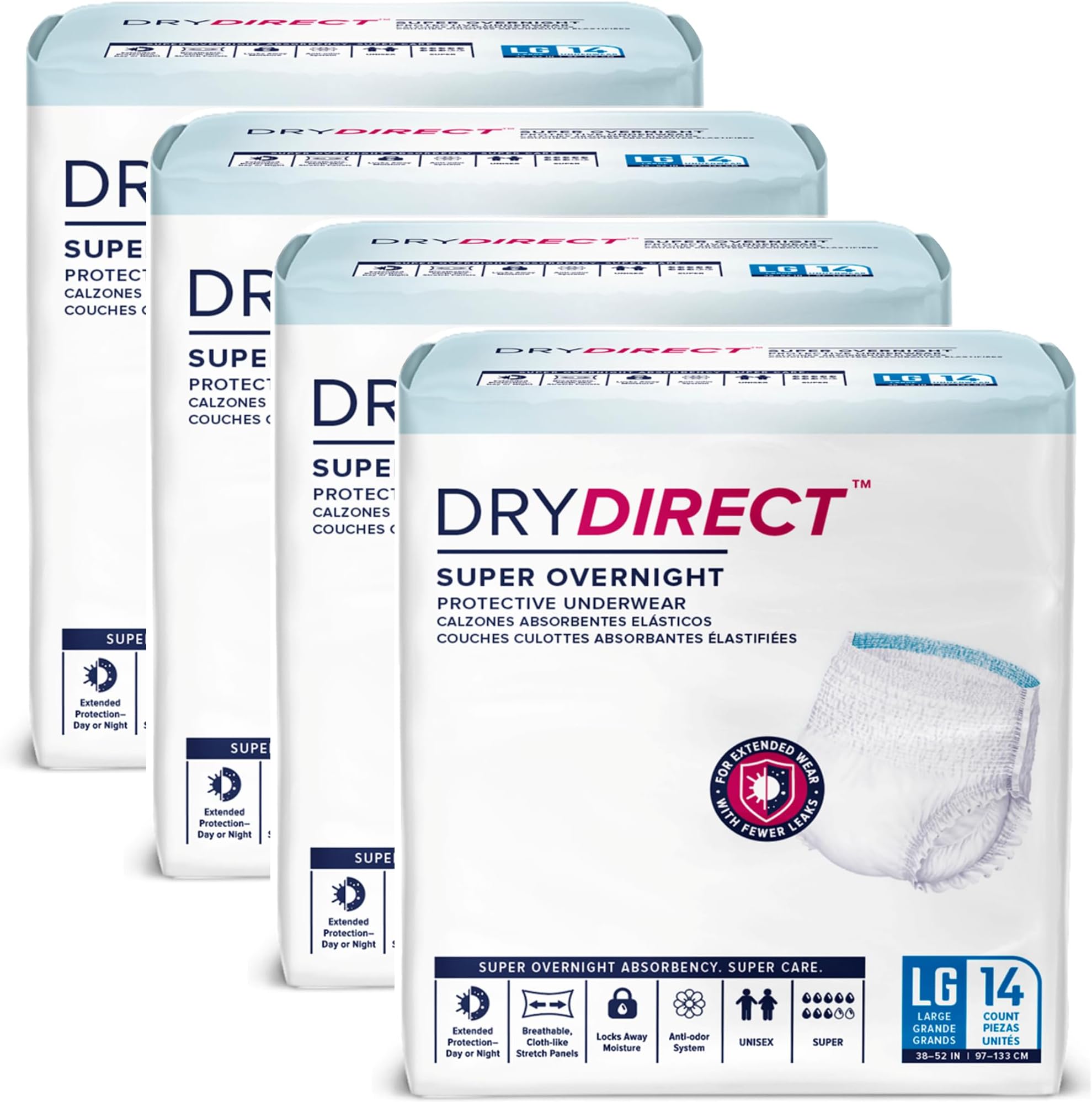 Super Overnight Underwear, Soft Cloth-Like Adult Diapers, Overnight Disposable Incontinence Protection - Large (Case of 56)