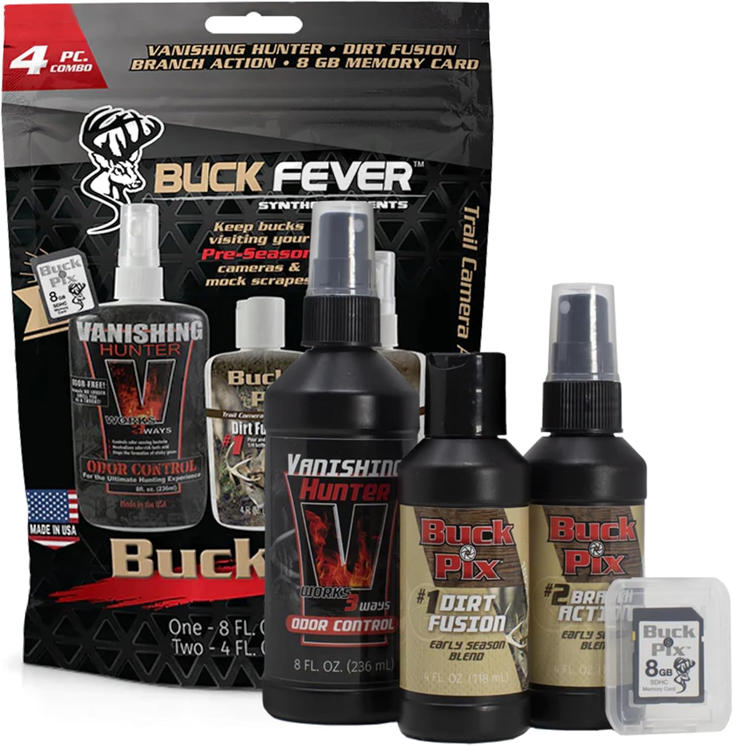 Buck Fever Buck Pix 4-Piece kit - Synthetic Deer Scent (8 oz Vanishing Hunter,4 oz Branch Action, 4 oz Dirt Fusion, 8 GB SD Card) for Whitetail & Mule - Deer Attractant for Outdoor Trail Camera