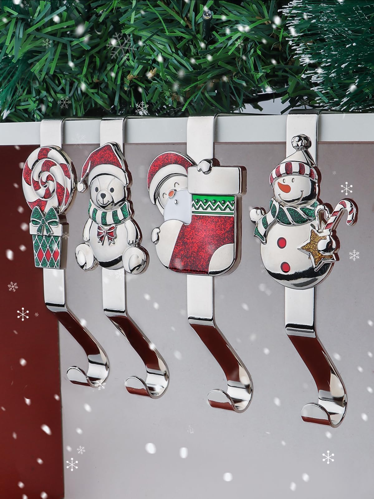 EBANKU 4 pezzi Porta calze di Natale per camino, 4 porta calze da camino argentati, ganci antiscivolo robusti per mensole di Natale Decorazione Regali