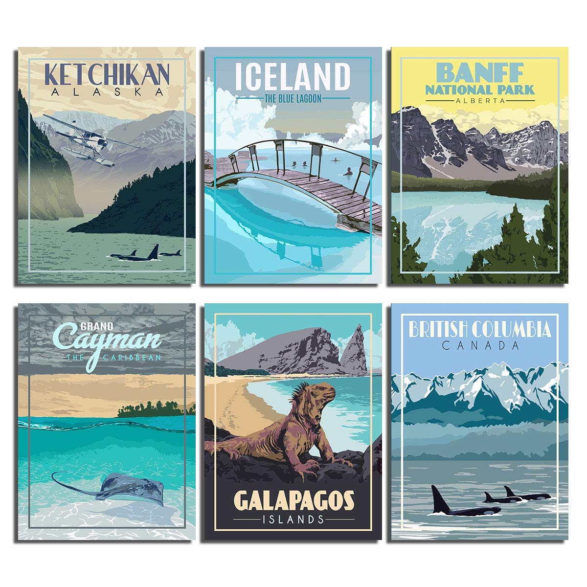 Set of 6 Banff Cayuan Alaska Canada Islands The Caribbean Iceland Sea View Vintage Travel Posters Canvas Wall Art Picture Canvas Prints for Home Decoration Modern Living Room Art Bedroom Office Deco