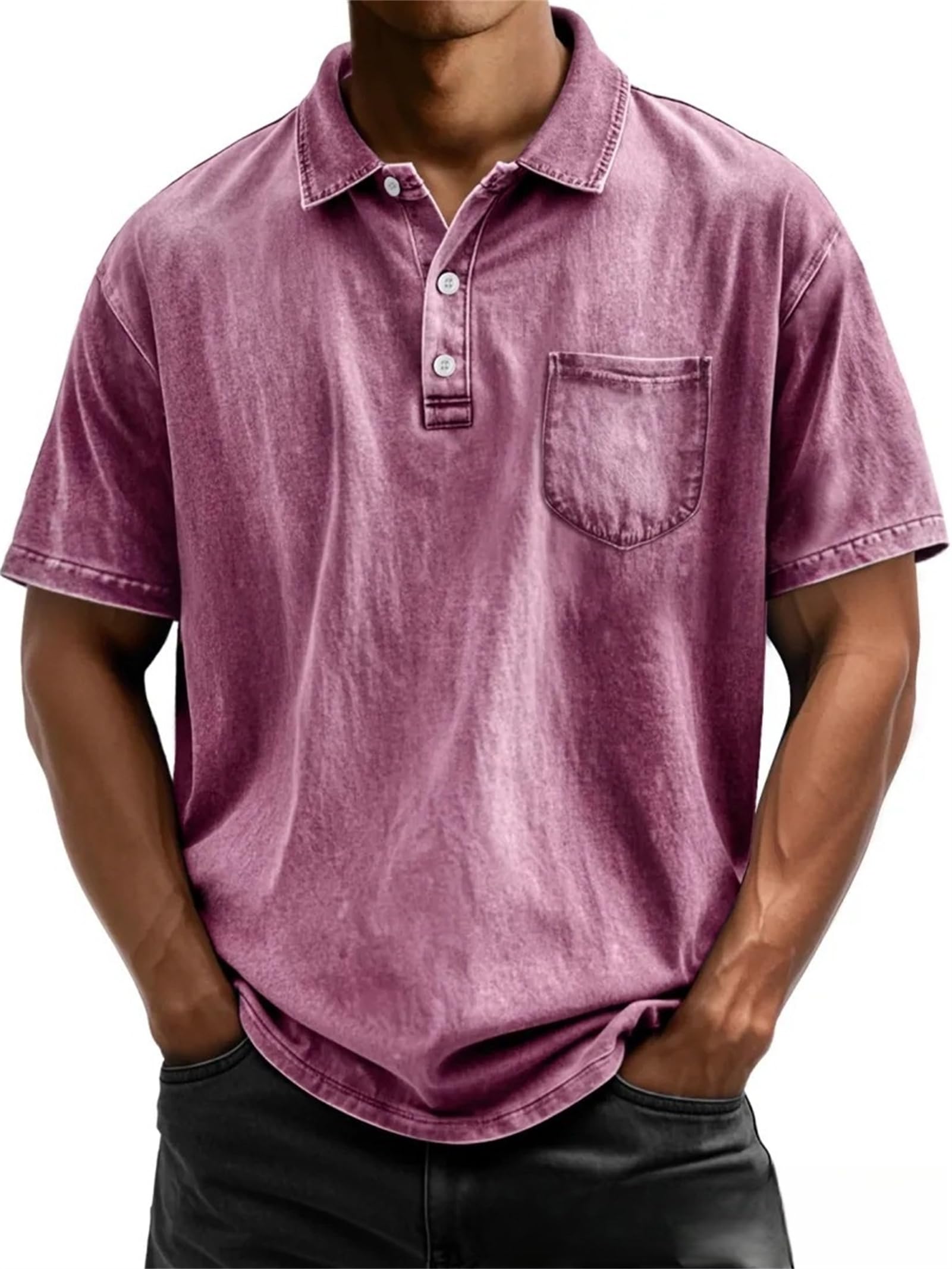 Mokaloha Camicie da uomo vintage Henley lavate e usurate in cotone con colletto e tasca