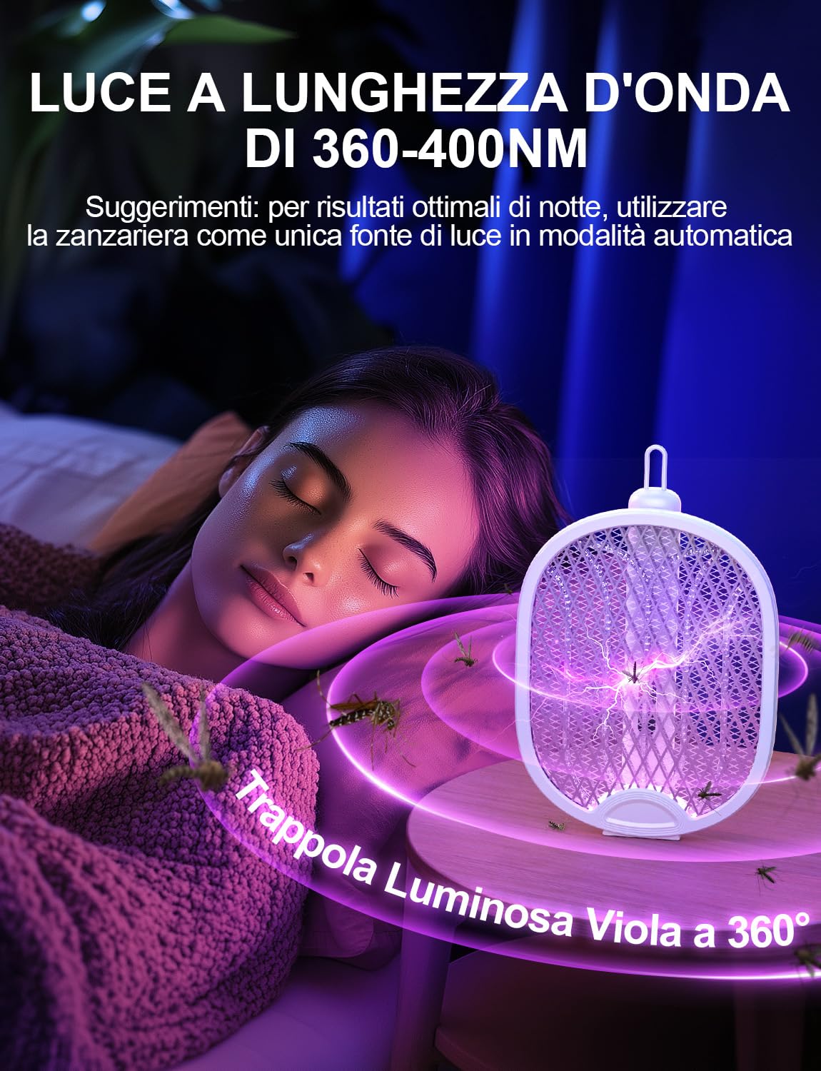 Racchetta Zanzare Elettrica Pieghevole 4000V 1800mAh 3 in 1 Scacciamosche Elettrico USB Ricaricabile Insetti Scacciamosche Portatile e Luce LED Adatto per Interni ed Esterni