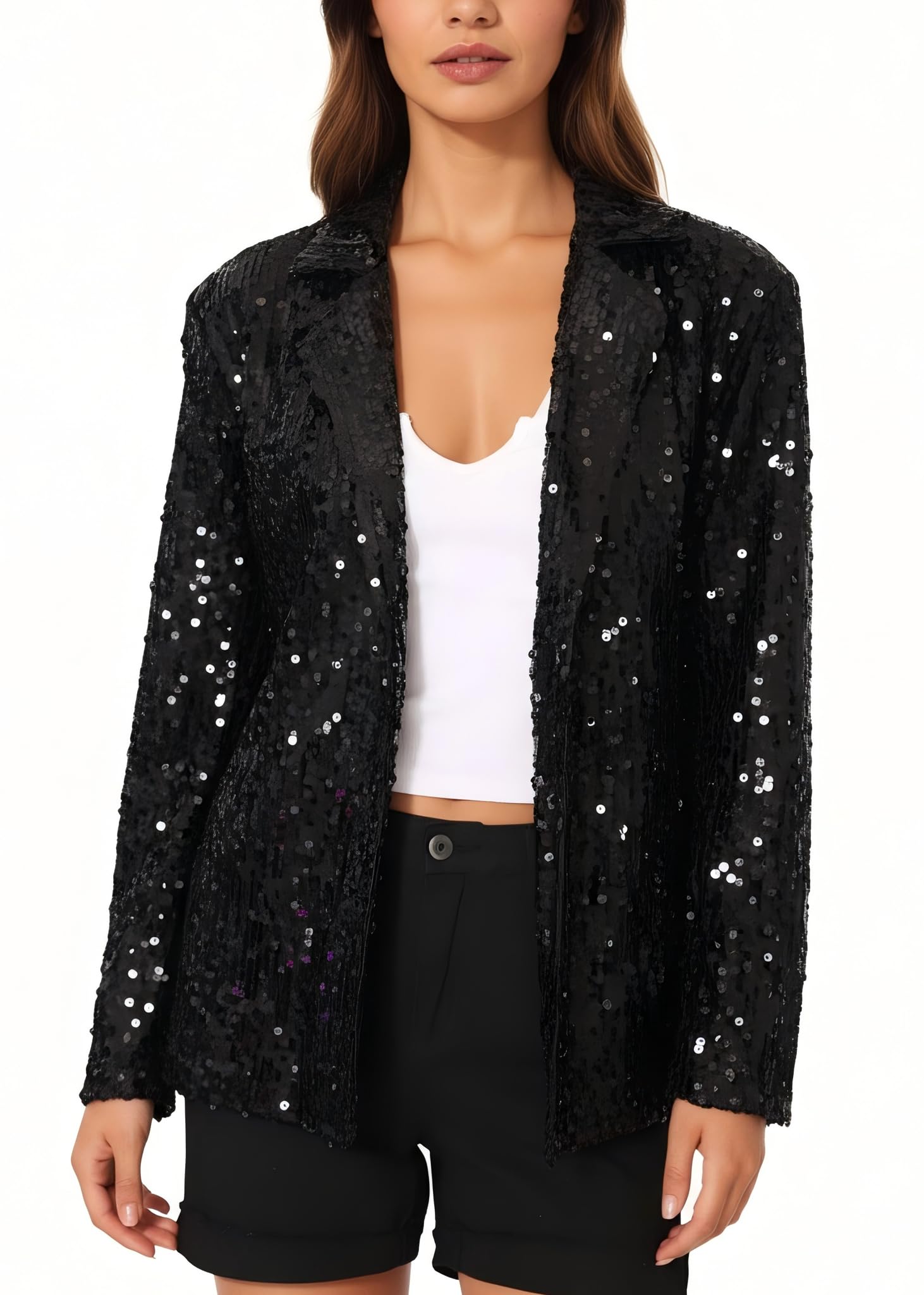 Anna-Kaci Womens Sparkle Sequin Jacket Long Sleeve Open Front Work Blazer Cardigan with Pockets