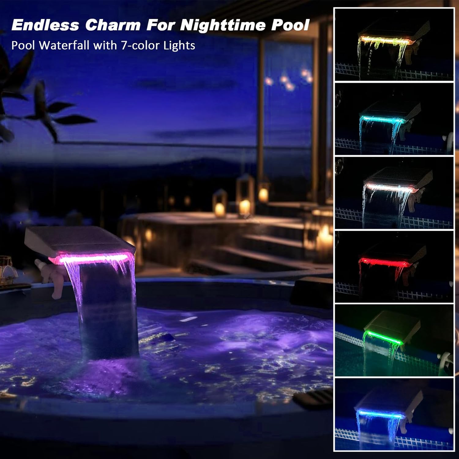 NICENICY Pool Waterfall with 7-Color LED Lights, Swimming Pool Waterfall Fountain for Above Ground Pools, Smooth Flowing Waterfall with Light for Relaxation, Fits 1.2" to 4.7" Above-ground Pool Frames