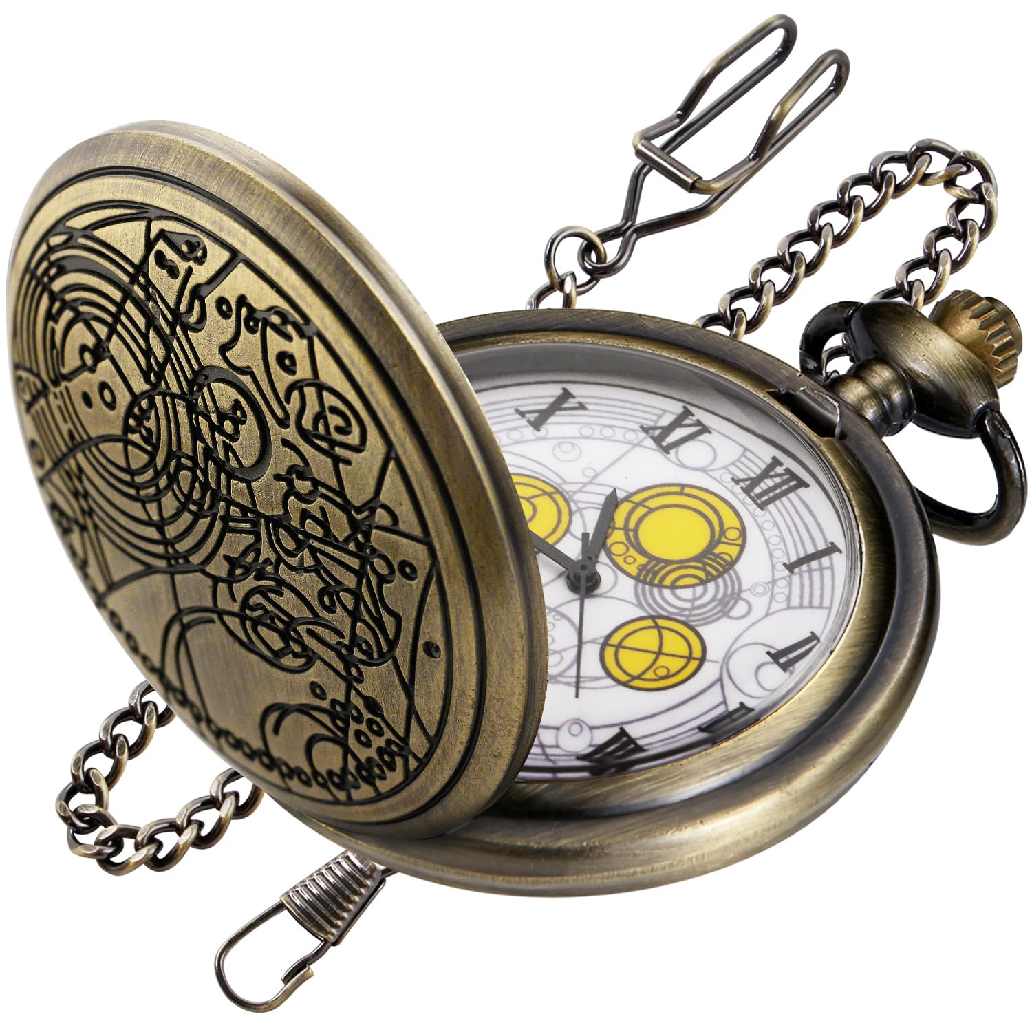 Realpoo Vintage Quartz Dr Who Pocket Watch for Men, Bronze Case White Roman Digital Dial Quartz Pocket Watches for Men with Chain