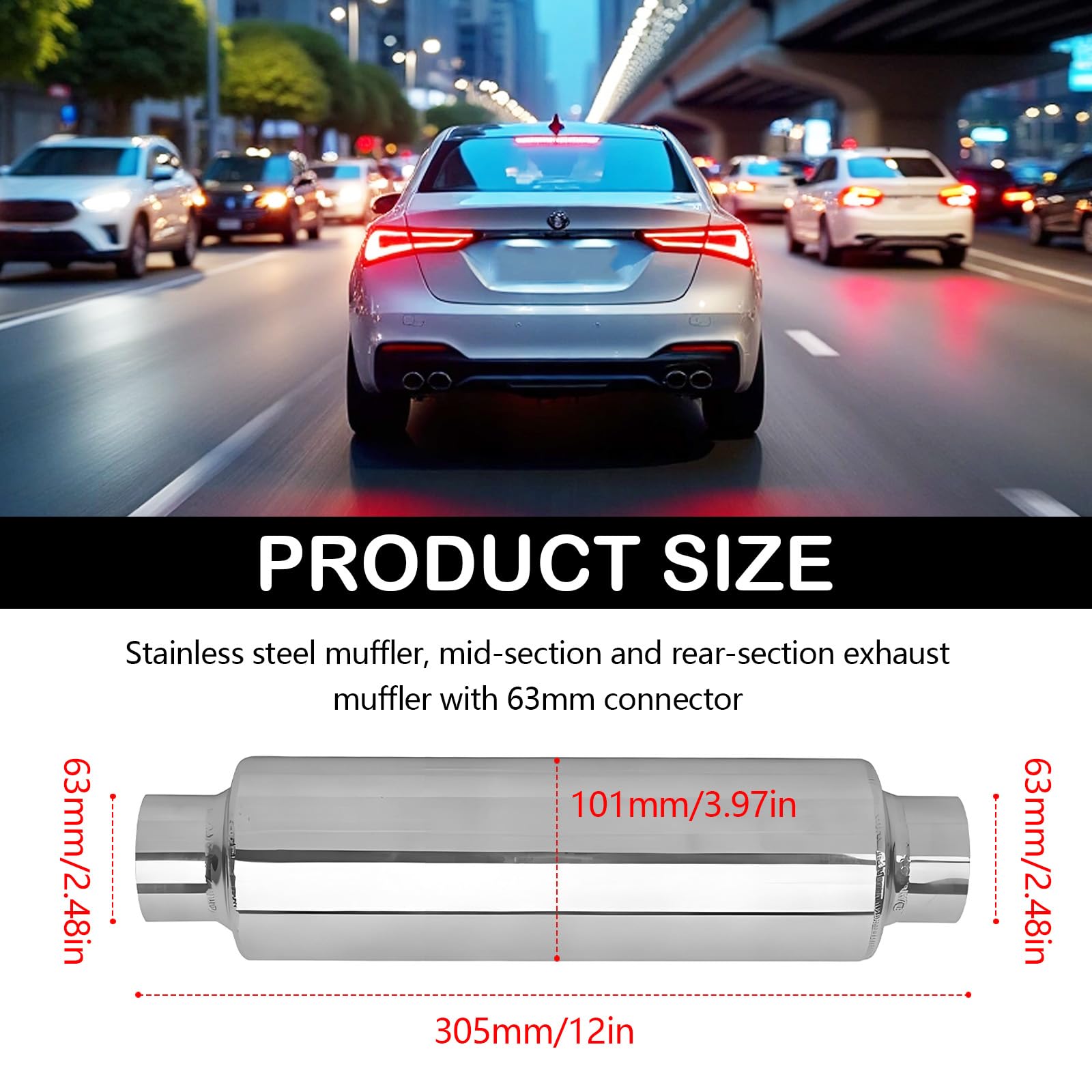 Silenziatore, Silenziatore Auto di Scarico in Acciaio Inox da 305 mm con Uscita Aria da 63 mm Terminale Scarico Auto Universale Terminali di Scarico Passante per Una Varietà di Veicoli