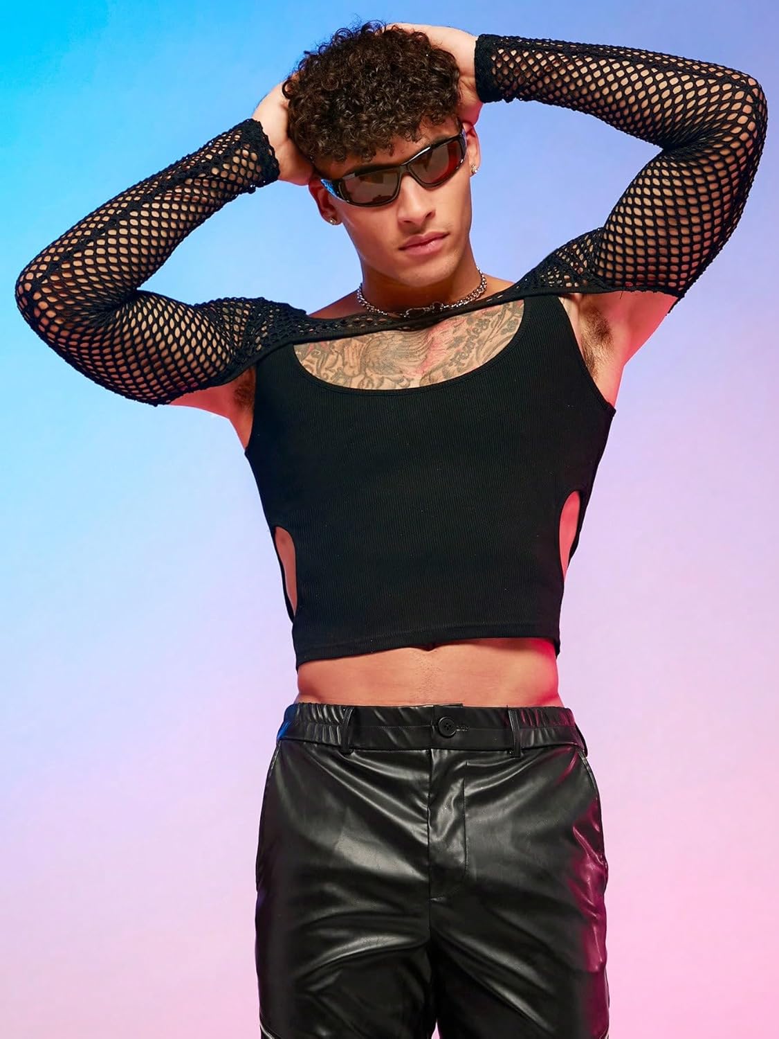 WDIRARA Men's Contrast Mesh Sheer Cut Out Long Sleeve Crop T Shirt Slim Fit Party Tee Top - Image 4