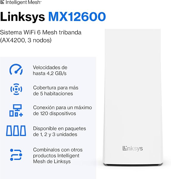 Linksys Velop MX12600 sistema WiFi 6 mesh tribanda (AX4200), router WLAN, repetidor, extensor con hasta 830 m² de cobertura, 3,5 veces más veloz, más de 120 dispositivos, paquete de 3, blanco - 2