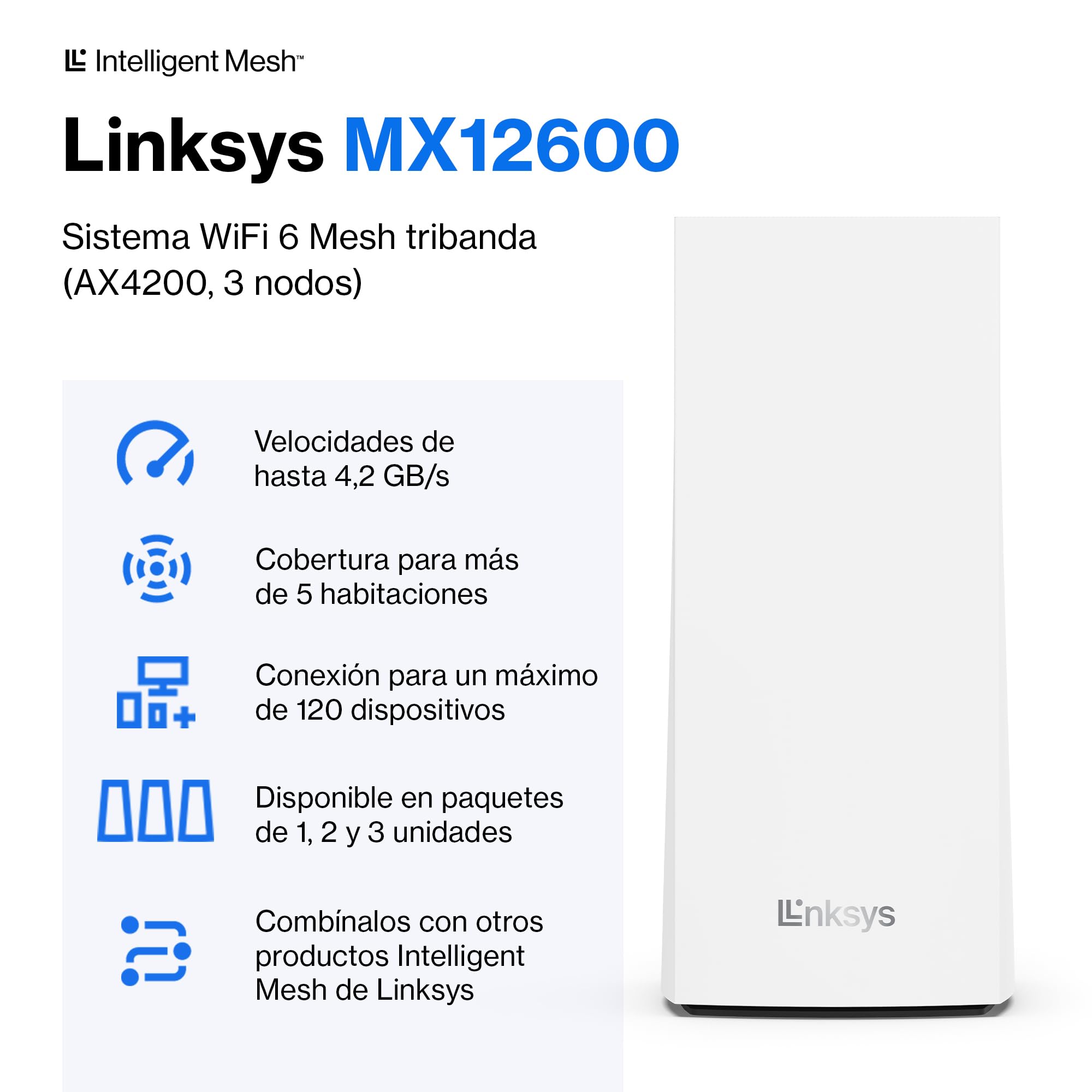 Linksys Velop MX12600 sistema WiFi 6 mesh tribanda (AX4200), router WLAN, repetidor, extensor con hasta 830 m² de cobertura, 3,5 veces más veloz, más de 120 dispositivos, paquete de 3, blanco