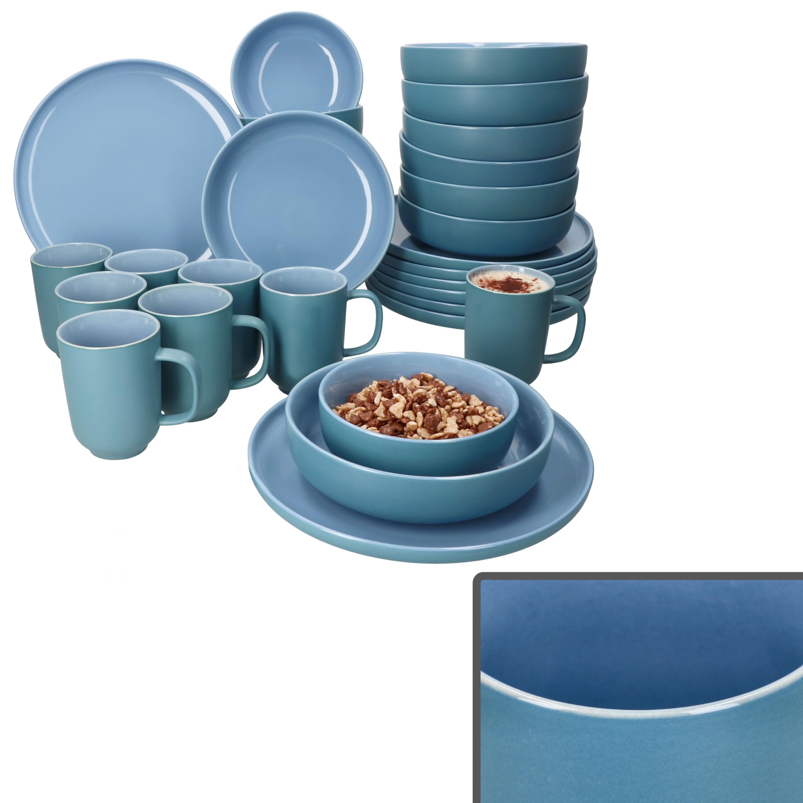 Ritzenhoff & Breker Jasper Ozeanblau 32tlg Kombiservice für 8 Personen I Steingut-Geschirrset mit je 8x Kaffeebechern 170ml, Schalen 360ml, Suppenteller & Speiseteller I Frühstück & Kaffee