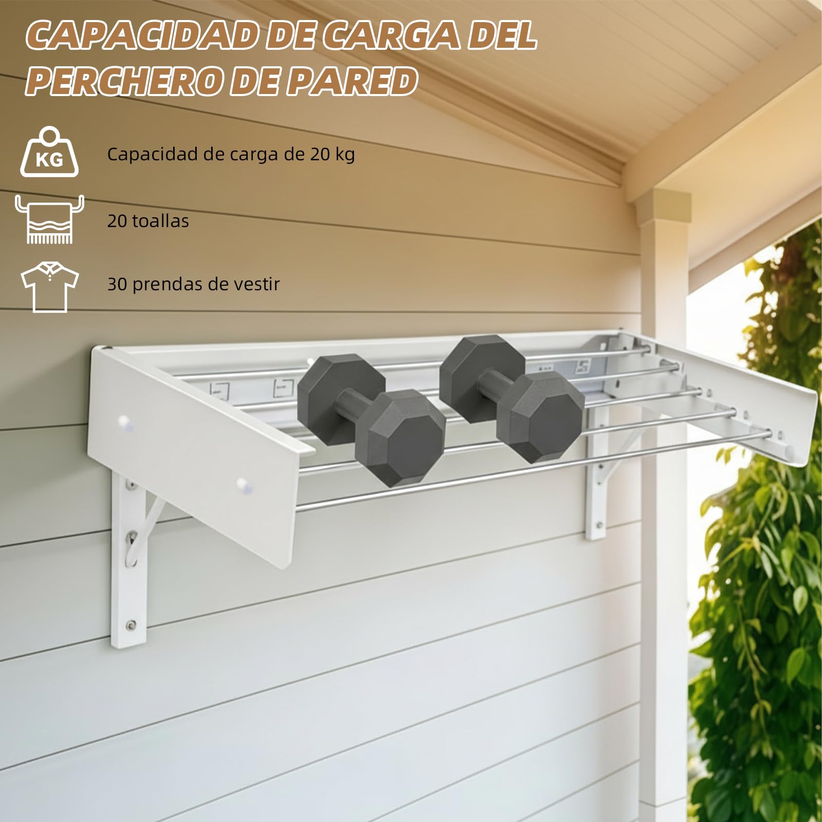 Tendedero de pared de acero al carbono, 60 cm, tendedero extensible con 4 ganchos, capacidad de carga de 25 kg, toallero de ahorro de espacio, adecuado para balcones, terrazas y baños (blanco)