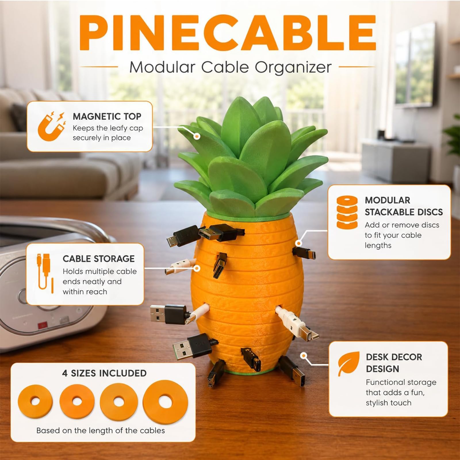 Organizador de Cables Modular con Forma de piña Impreso en 3D (2set) | Protector de cables a prueba de mascotas, almacenamiento de escritorio extraíble, 7 discos enrolladores de cables apilables