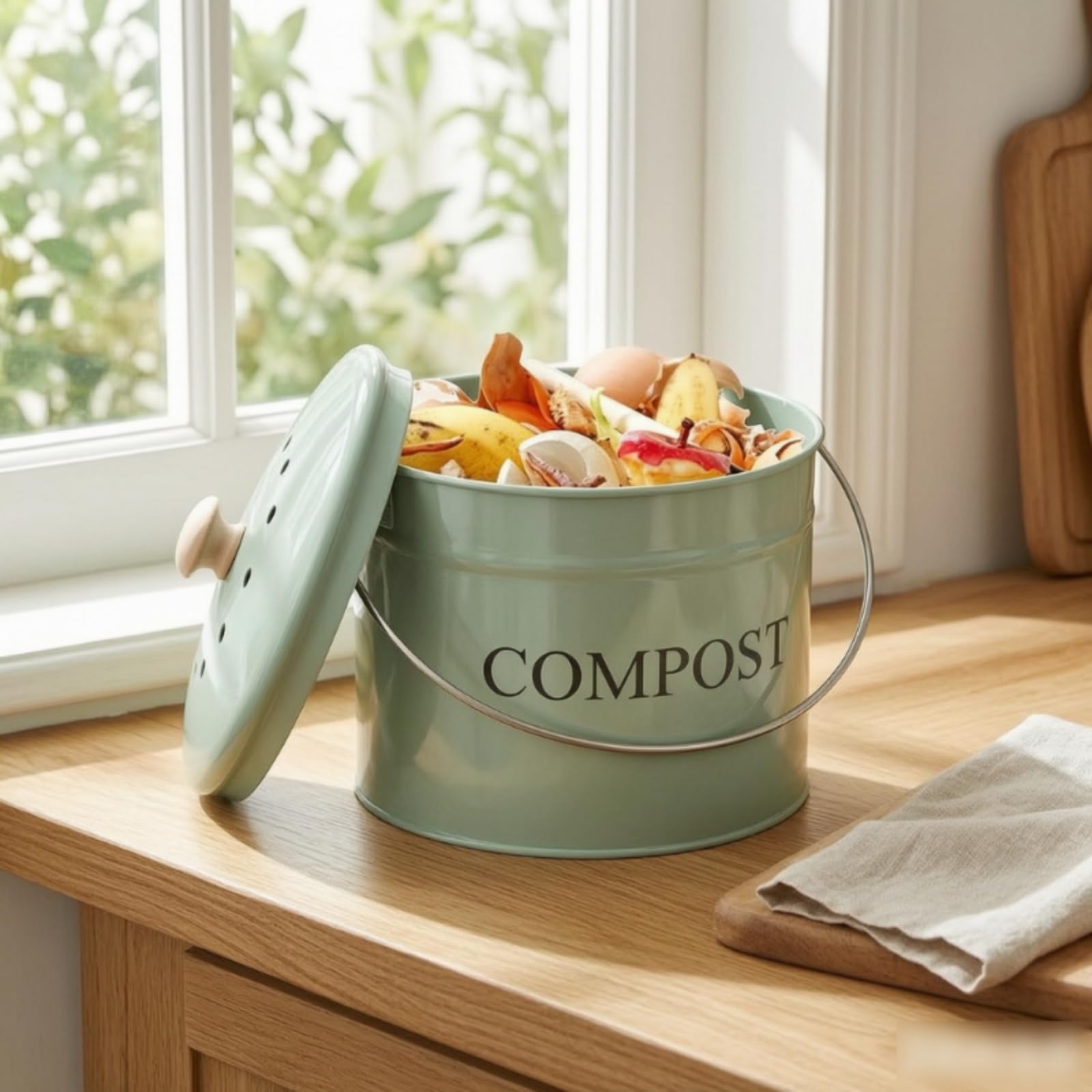 Composteur de Cuisine Composteur Compost Bin Seau Poubelle à Compost Seau de Comptoir avec Couvercle à Aération et Filtre à Charbon pour Contrôle des, Array, Noir
