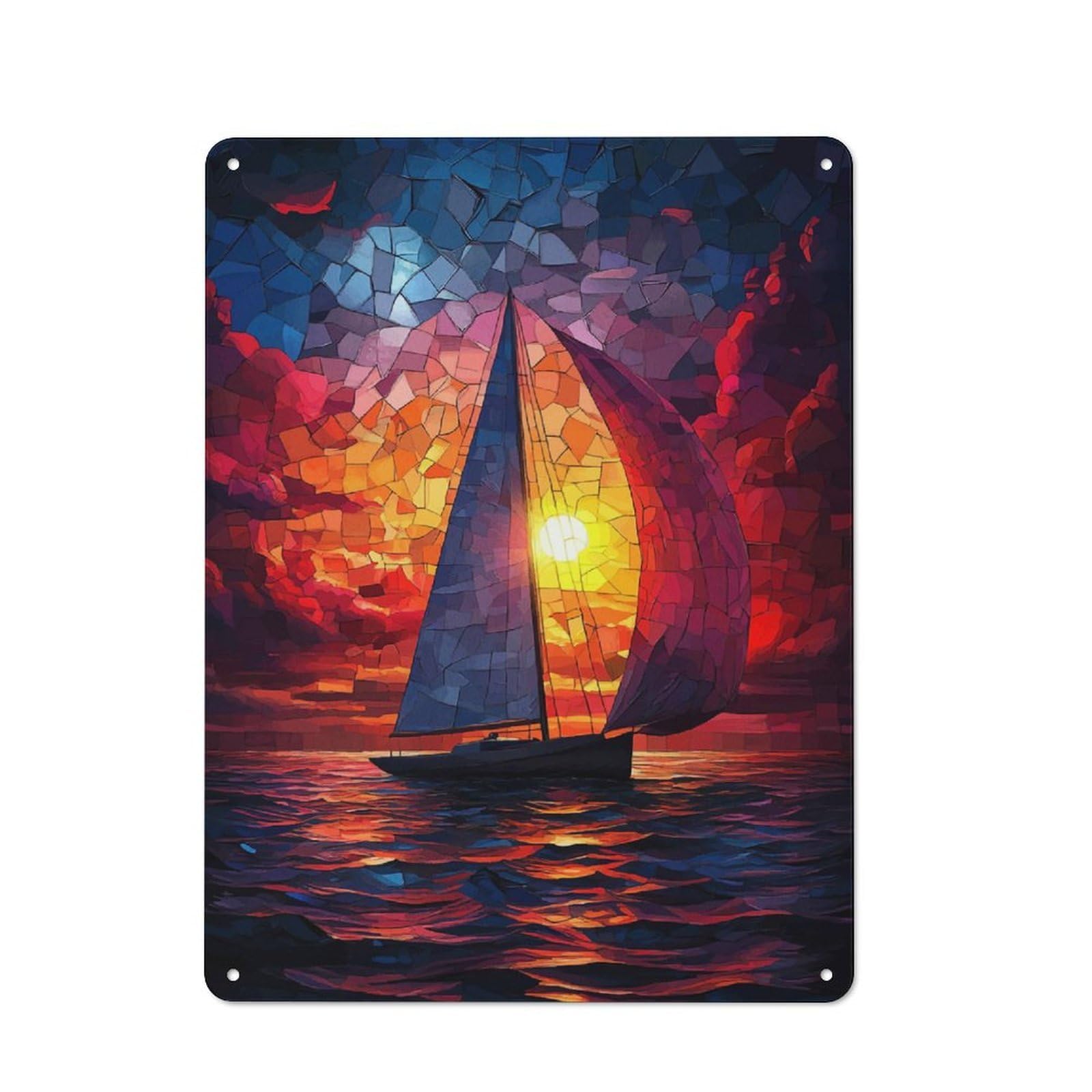 Tin Sign with Sailboat Sunset Design 40x30cm, Industrial Garage Wall Decor for Workshop, Basement, Shed Or Games Room