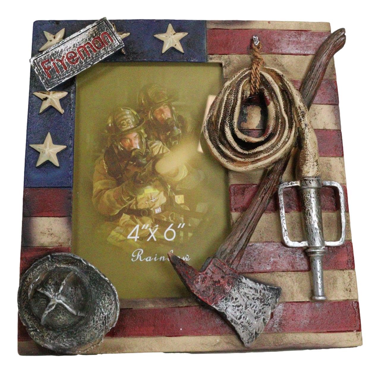 Ebros GiftRustic Western Patriotic Fire Department Fireman Helmet Hose Axe And USA Flag 4"X6" Picture Frame with Easel Back Stand Figurine Sculpture Decor