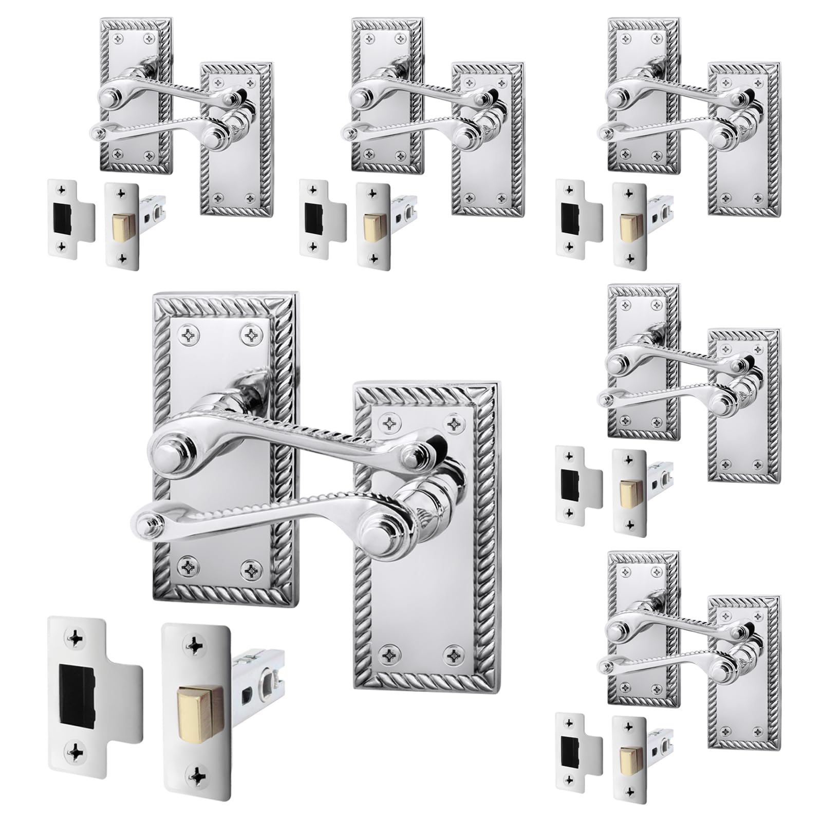 Eai Polished Chrome Georgian Scroll Door Handle Latch Set - 6 Pairs Internal Lever Latch Handles & Latch (64Mm) - Rope Design