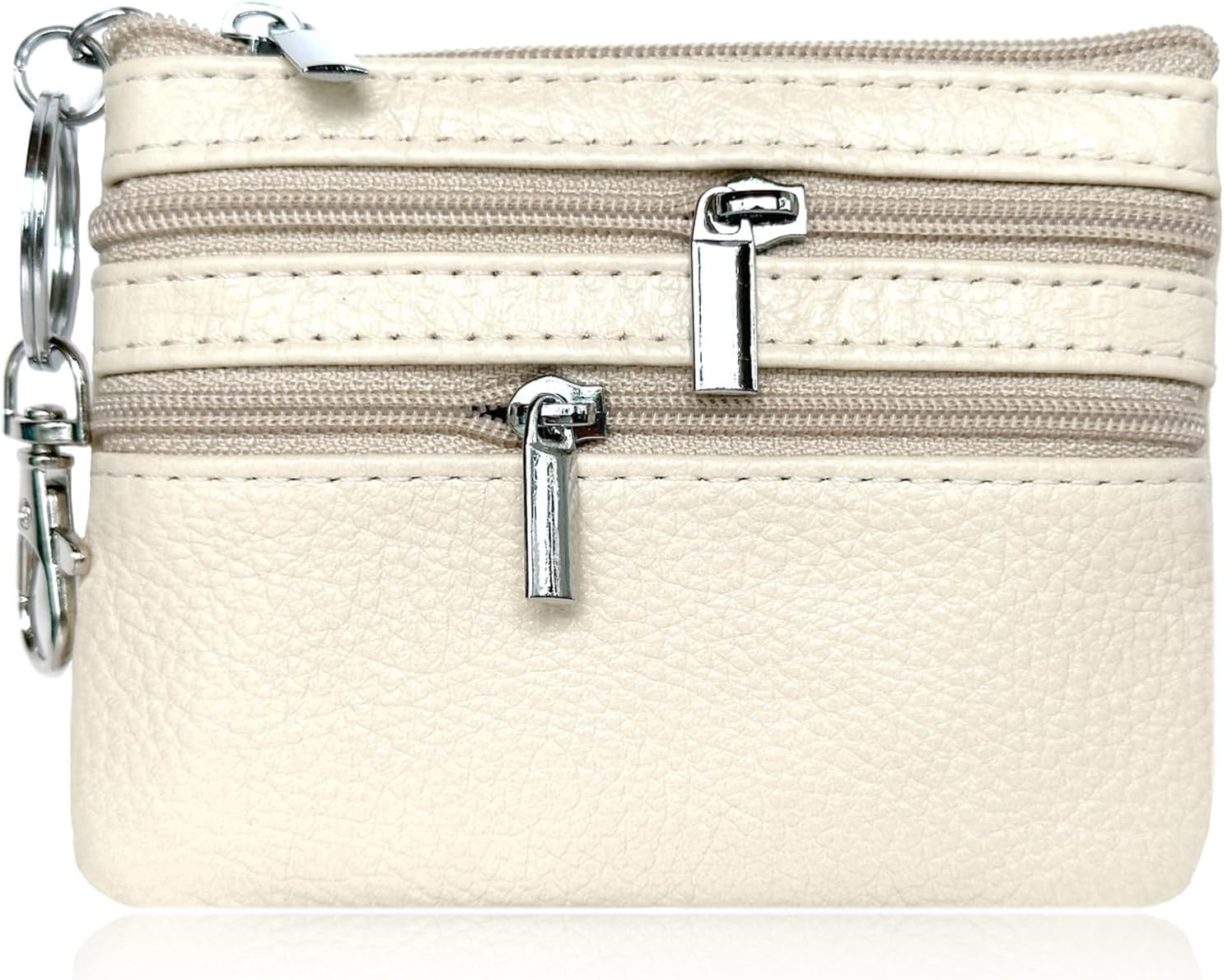 iToolai Genuine Leather Small Coin Purse Pouch Mini Wallet with Zipper Keychain for Women(3.54 x 4.33 inch, Beige)