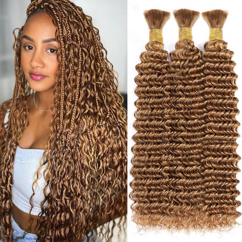 Human Braiding Hair for Boho Braids 150g 24 Inch Honey Blonde Curly Boho Hair for Braiding Knotless 12A Deep Wave Bulk Bohemian 3 Bundles/Pack Color