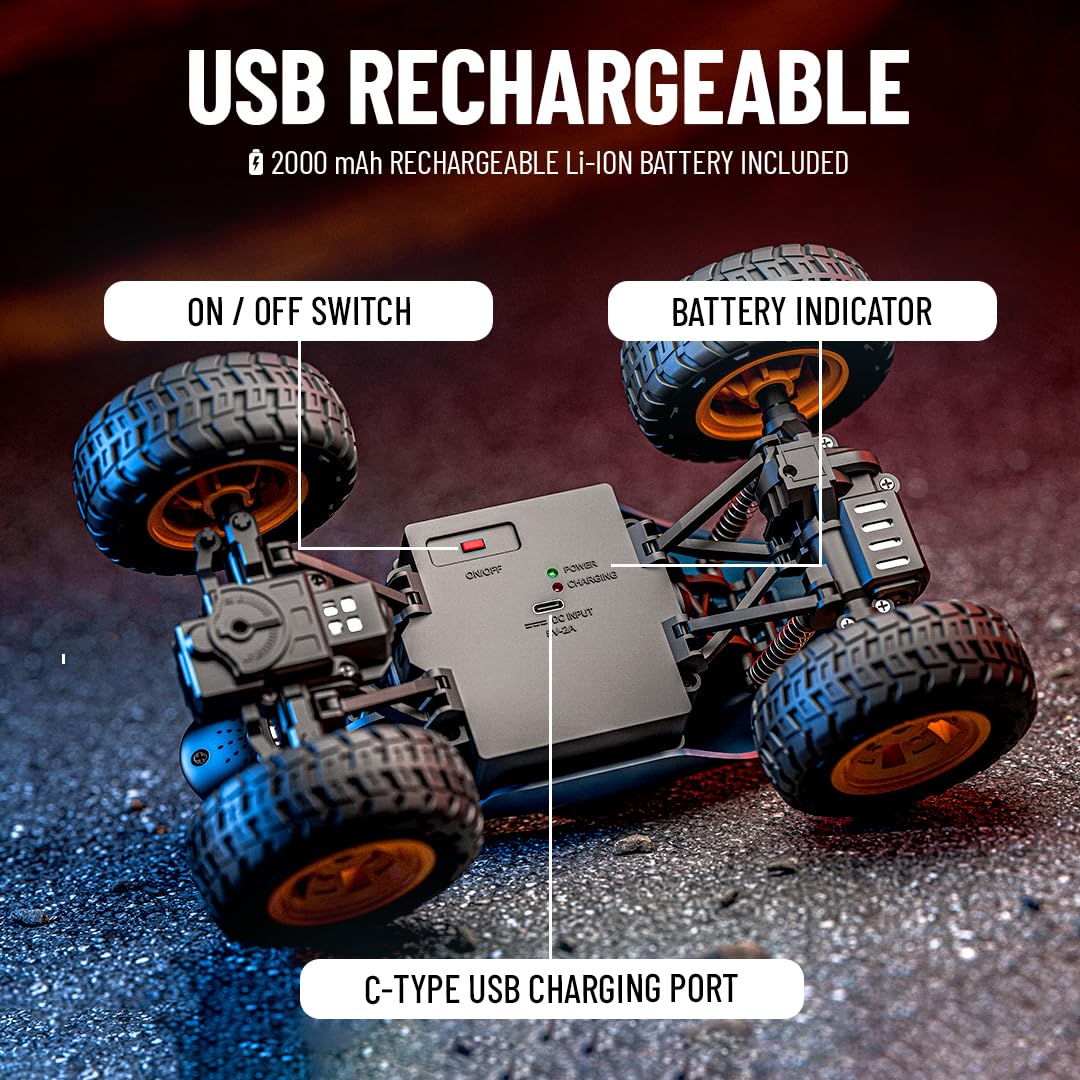 Mirana Spiker 2WD RC Car for Kids | High-Speed ATV Remote & App-Controlled Rock Crawler | USB Rechargeable Offroad Monster Truck with Bluetooth Speakers & RGB Lights | for Boys & Girls (Red) 3