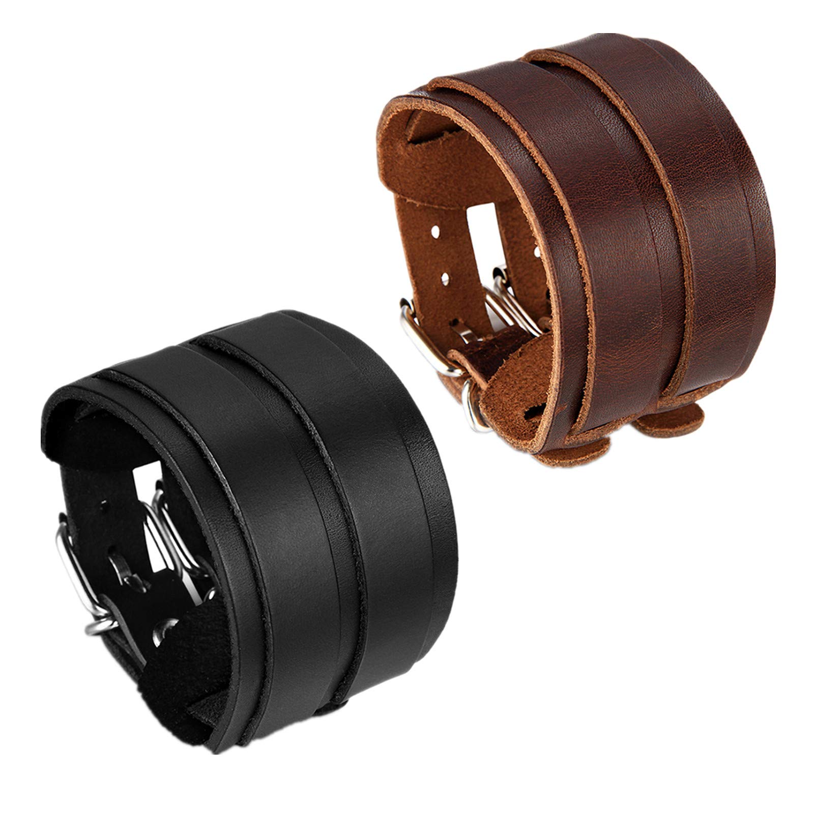 Men's Bracelet Leather Bracelet Men's Bangle Wide Leather Real Leather Bracelet Cuff Brown Black Silver Cord Chain Motorcycle Biker Adjustable Pack of 2, 26 centimeters, Leather