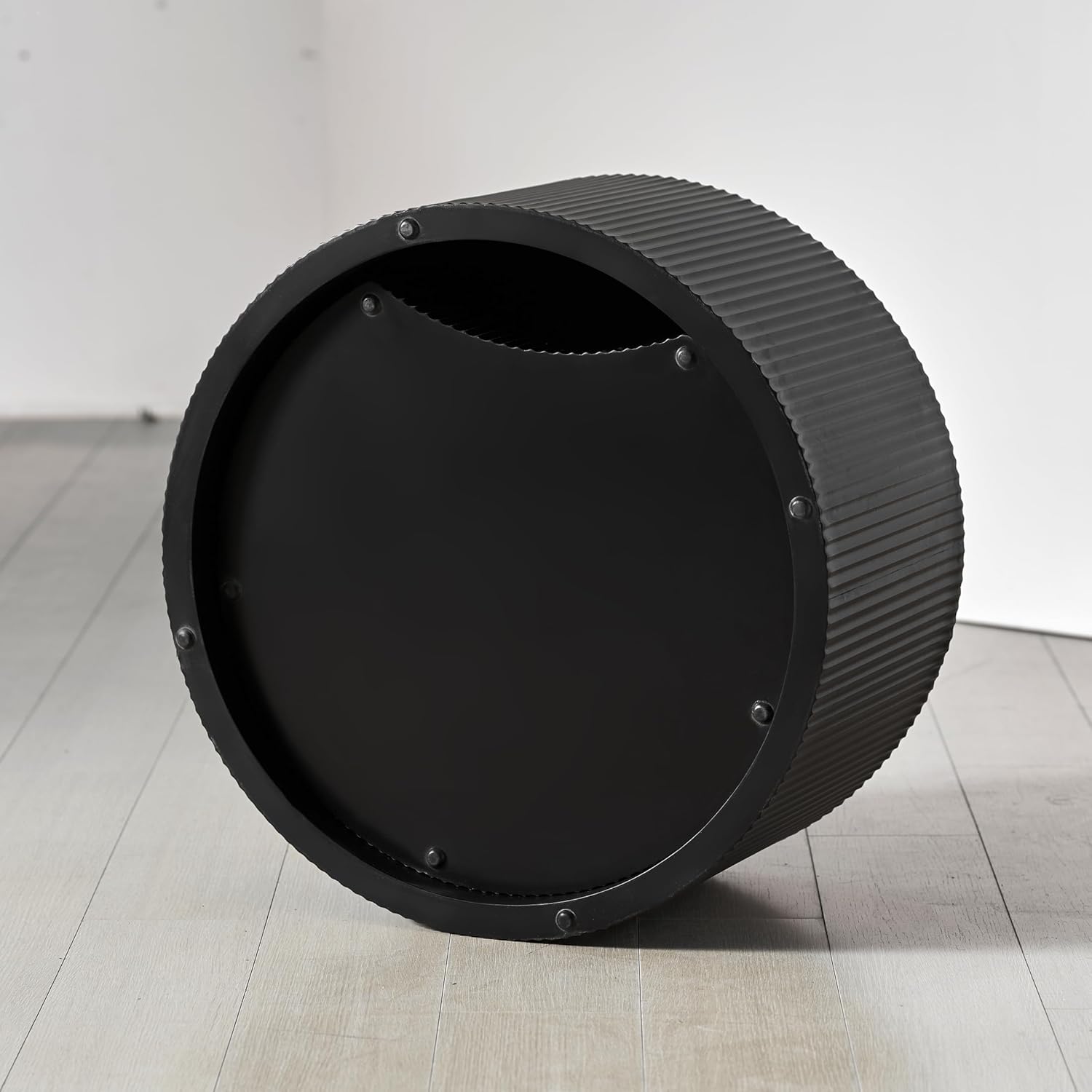 Nesting Coffee Table Set of 2, Modern Drum Side Table End Table, Wave Stripe Round Coffee Table for Living Room, Bedroom, Black-02