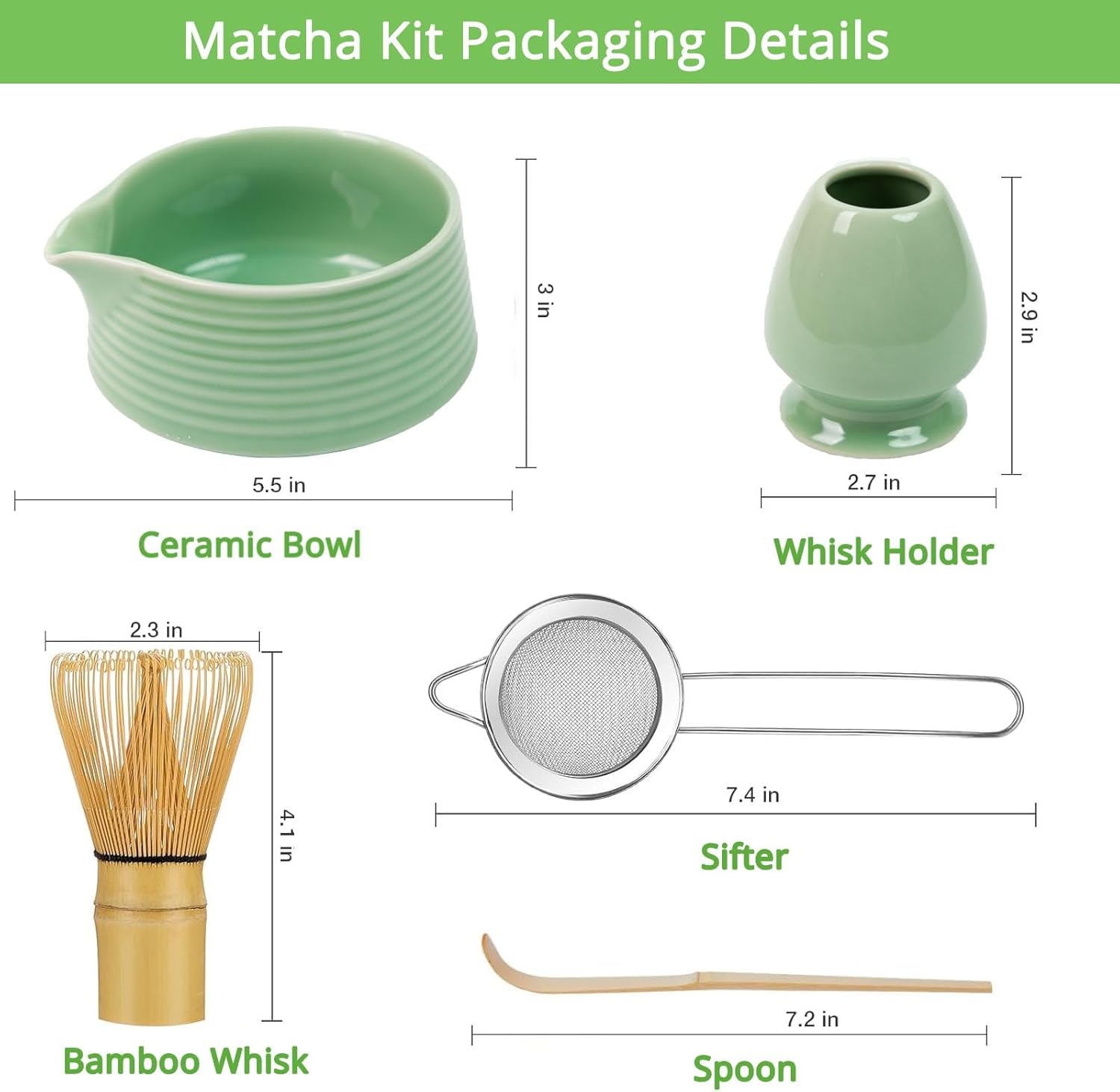 Matcha Whisk Set, Green Matcha Kit with Bowl, Whisk, Bamboo Scoop, Scoop Rest, Sifter - 5 Pcs Kit for Lover - Image 3