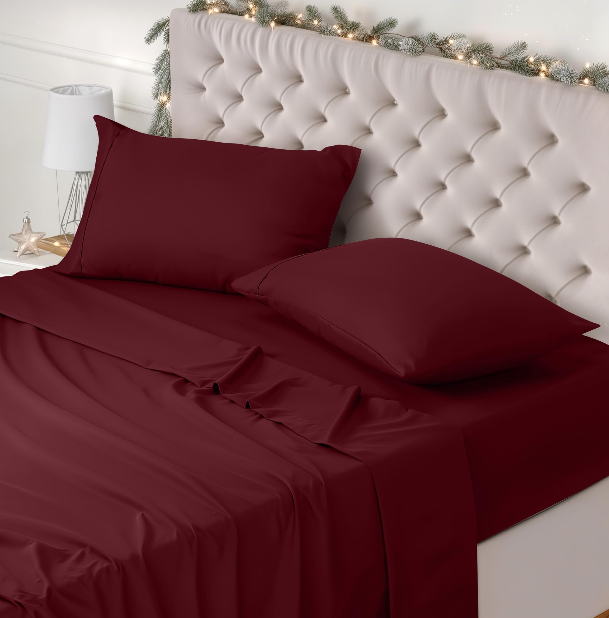 Utopia Bedding - Set Lenzuola Letto Matrimoniali 4 Pezzi 180x200 cm - Spazzolata Poliestre di Microfibra - Oeko-Tex Certificato - Lenzuolo con Angoli, Lenzuolo Piatto e 2 Federe 50x75, Bordeaux