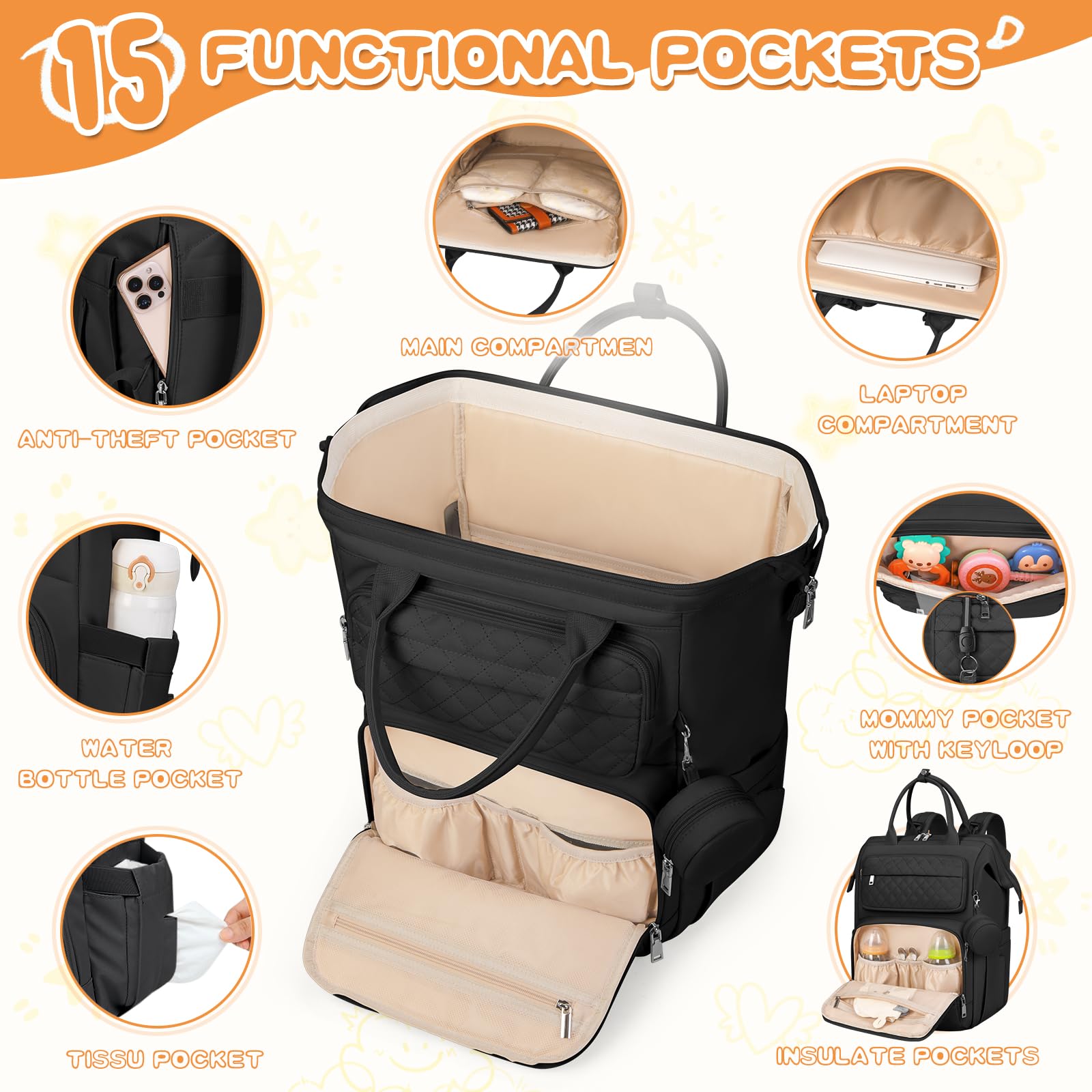 RAINSMORE Zaino Mamma Fasciatoio Multifunzione Borsa Neonato Portatile Cinturini Passeggino Nero