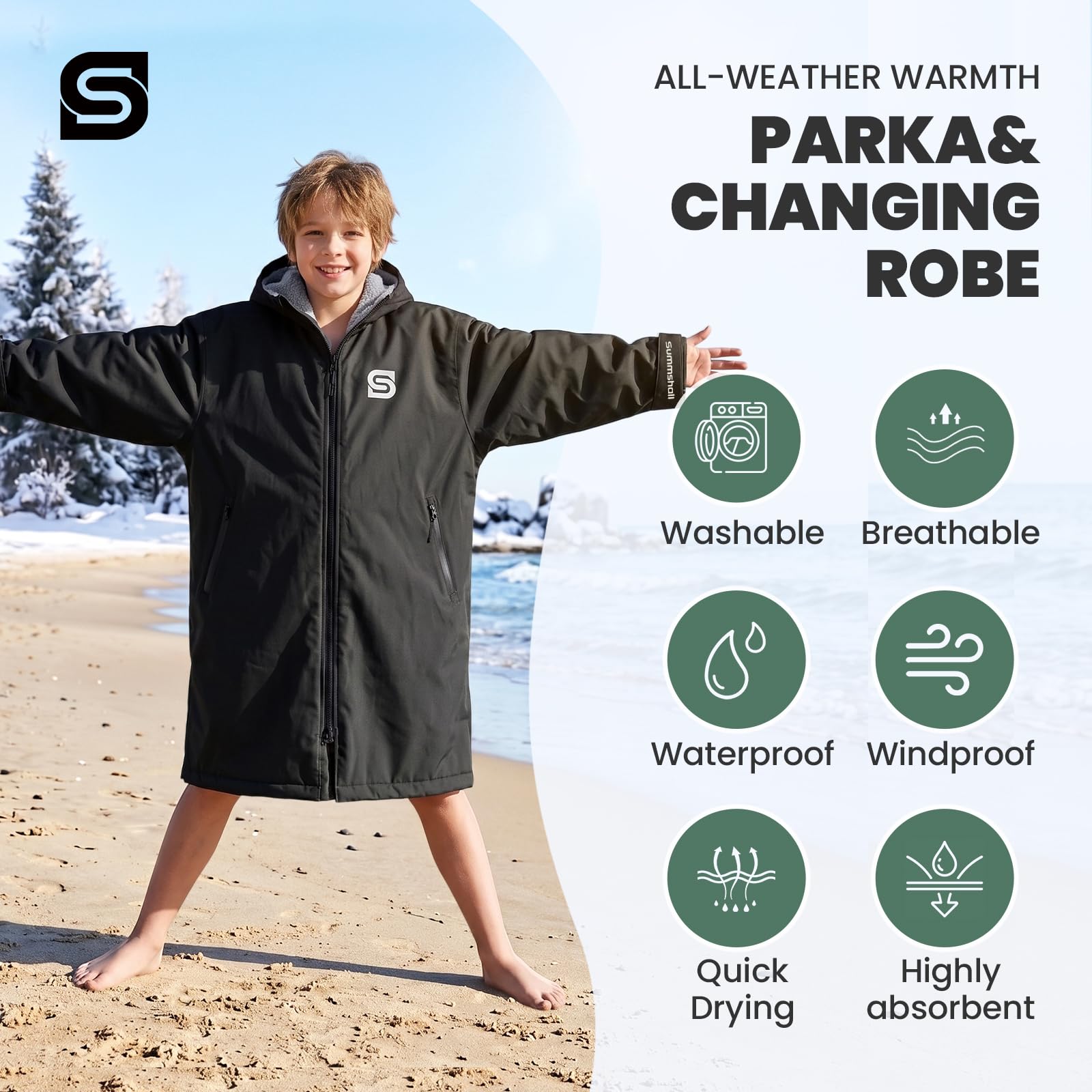 Wasserdichter Badeparka für Kinder, Jugendliche und Erwachsene, übergroßer Kapuzenmantel mit Sherpa-Fleece-Futter, winddicht, warm, Surf-Poncho zum Schwimmen, Surfen, Strand, Pool, Camping