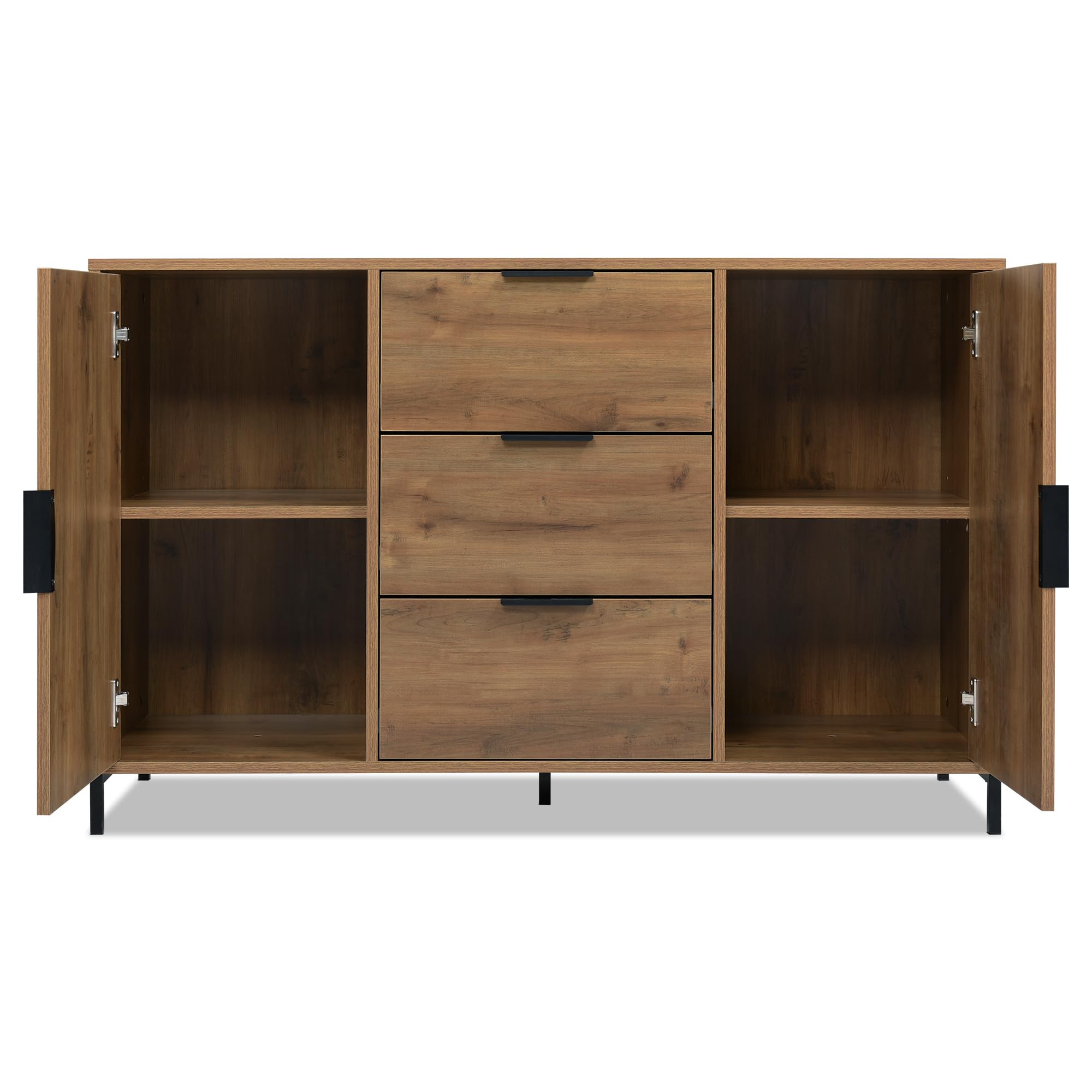 Merax Aparador cómoda con 2 puertas y 3 cajones de 120 cm, armario buffet con estante ajustable, armario de almacenamiento en roble oscuro, patas metálicas, para dormitorio, salón, 120 x 40 x 76 cm