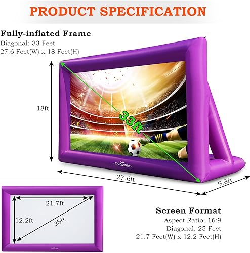 Miniatura 2 de Pantalla de proyector inflable de 33 pies para ver películas de TV en exteriores e interiores, pantalla enorme, soplador, amarres, estacas, bolsas