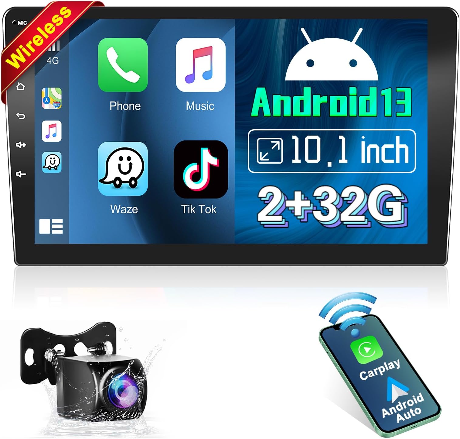 Podofo [2G+32G] Double Din Android Car Stereo with Wireless Carplay Android Auto,10.1" Touchscreen Bluetooth Car Radio with 28 UI,HiFi,GPS,WiFi, SWC, Split Screen,RDS/FM Radio+Backup Camera