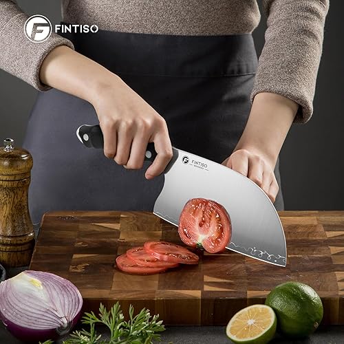 Miniatura 4 de FINTISO Cuchillo para carne, cuchillo de chef serbio afilado de 6.5 pulgadas, cuchillos de cocina con acero inoxidable de alto carbono de 5 capas