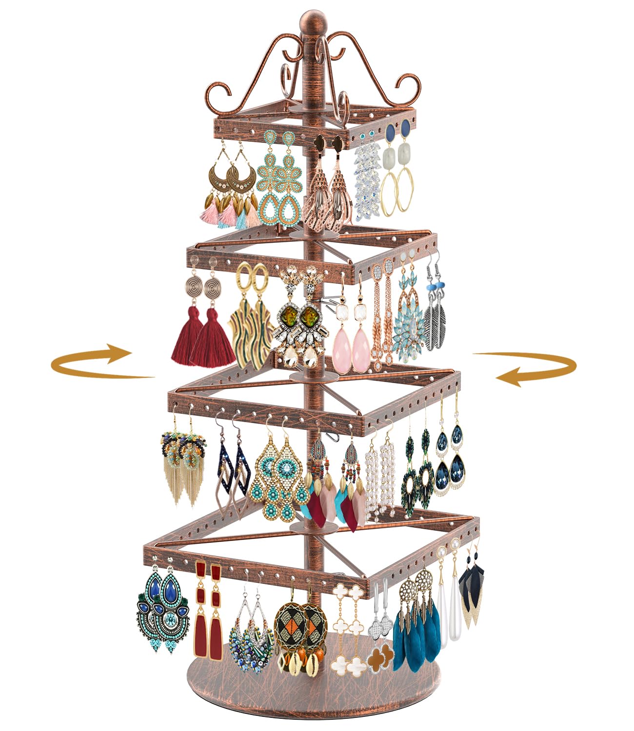 MODOWEY Rotating Earring Holder Organizer Stand Metal Display 4 Tier Bronze