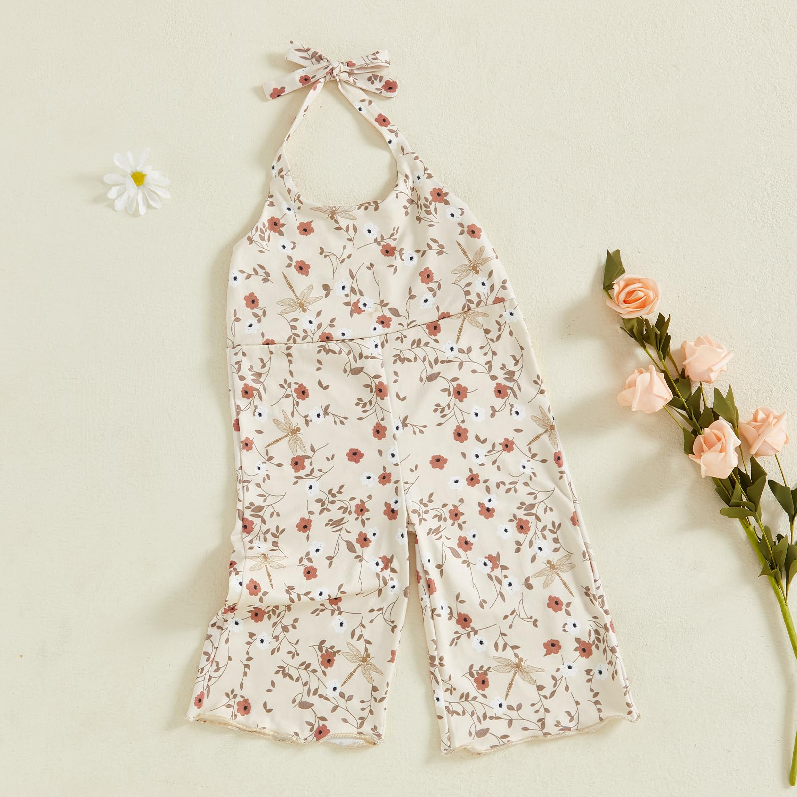 Summer Clothes Toddler Baby Girl Romper Jumpsuit Floral Halter Sleeveless One Piece Outfit Overall Pants (Beige, 12-18 Months)