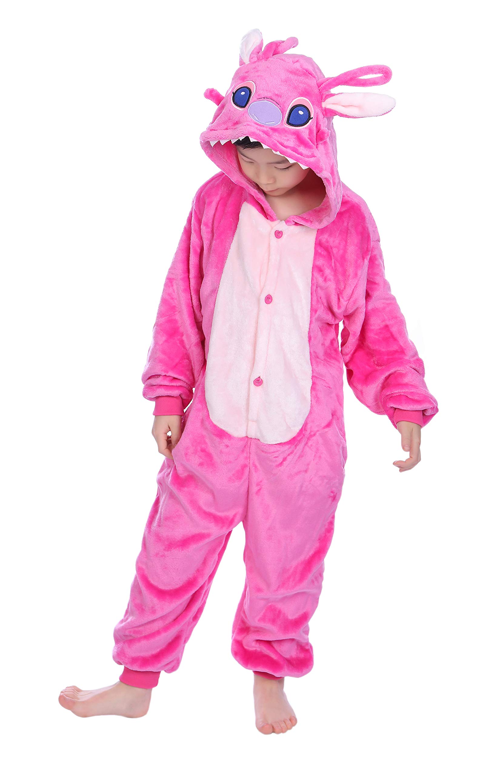 FunnyCos Kids Flannel Hooded Animal Jumpsuit Warm Loungewear Onesie for Boys Girls Hot Pink Stitch 120 — image 1