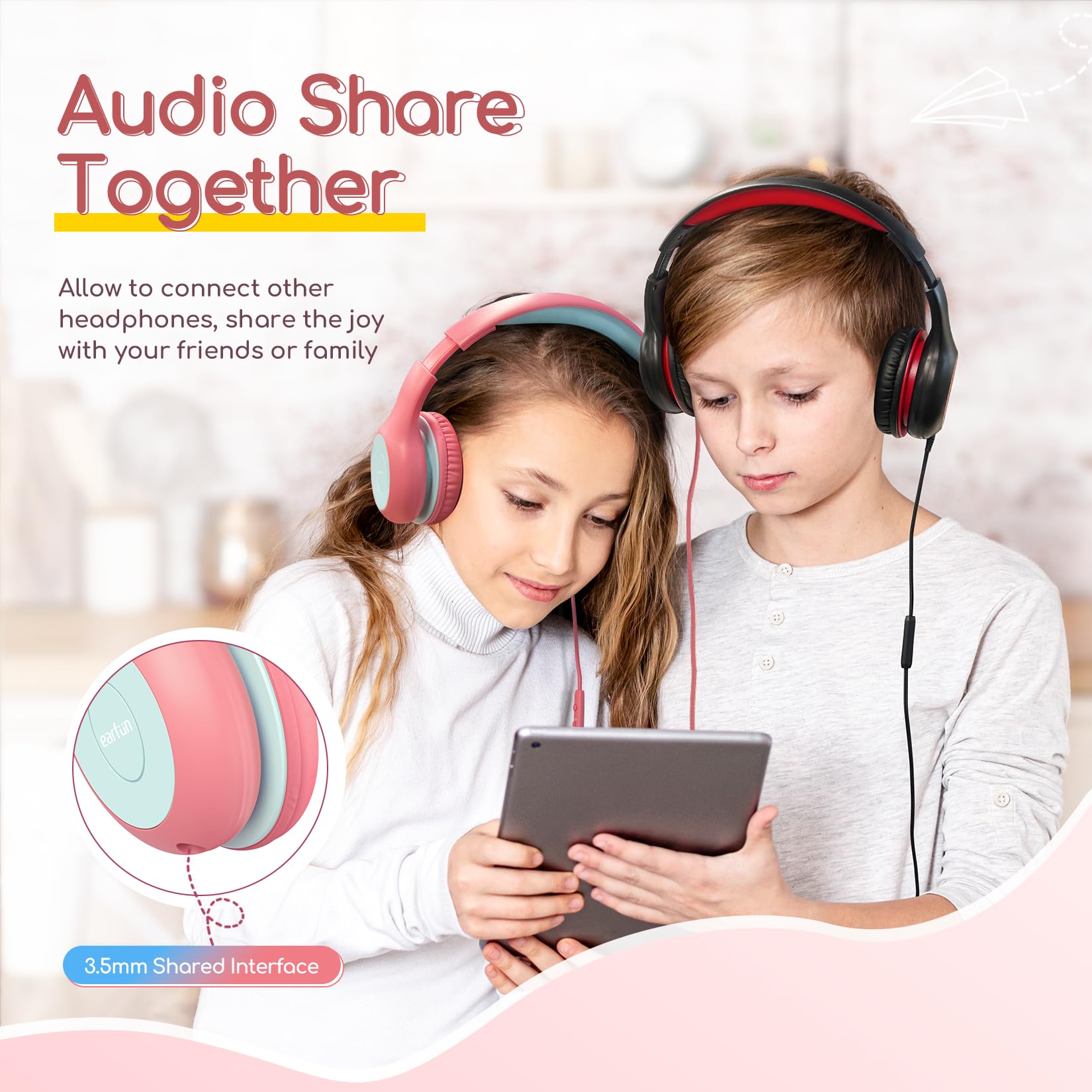 EarFun Kinder Kopfhörer, Kopfhörer Kinder mit Kabel, 85/94dB Lautstärkenbegrenzer, HiFi Klang, faltbar, verstellbar, Mic, Audio-Sharing, Over-Ear Kinderkopfhörer für Schule/Tablet/Reisen, 3er