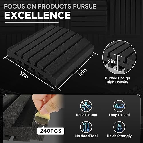 Miniatura 4 de Focusound Paquete de 36 paneles curvados de espuma acústica de 3 x 12 x 12 pulgadas, paneles de espuma a prueba de sonido, paneles de cuña con