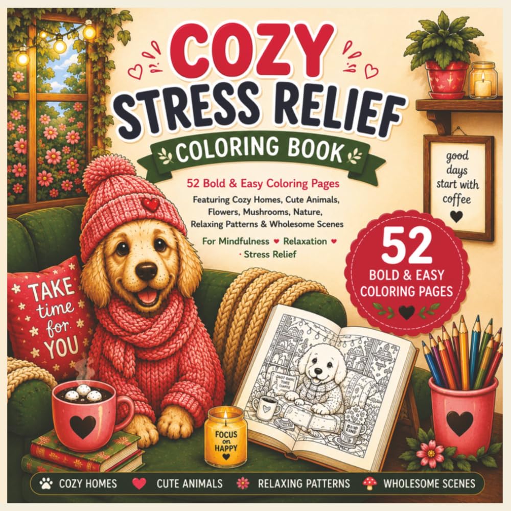 Cozy Stress Relief Coloring Book for Adults and Kids: 52 Bold and Easy Coloring Pages Featuring Cozy Homes, Cute Animals, Flowers, Mushrooms, Nature, ... and Stress Relief (Cozy Coloring Collection)