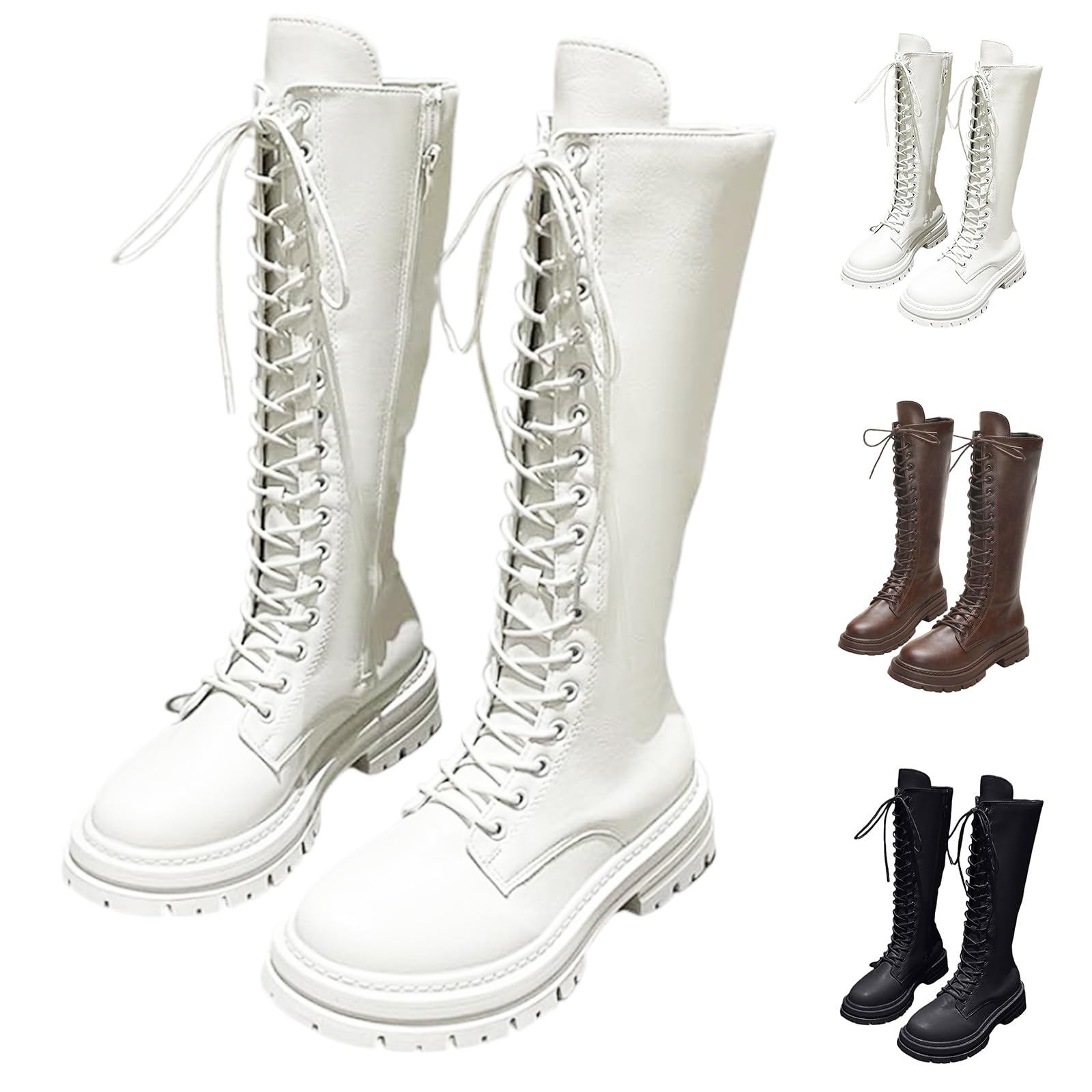 Knee High Boots Women Low Heel Faux Leather Chunky Combat Boots Motorcycle Riding Punk Goth Long Booties Lace