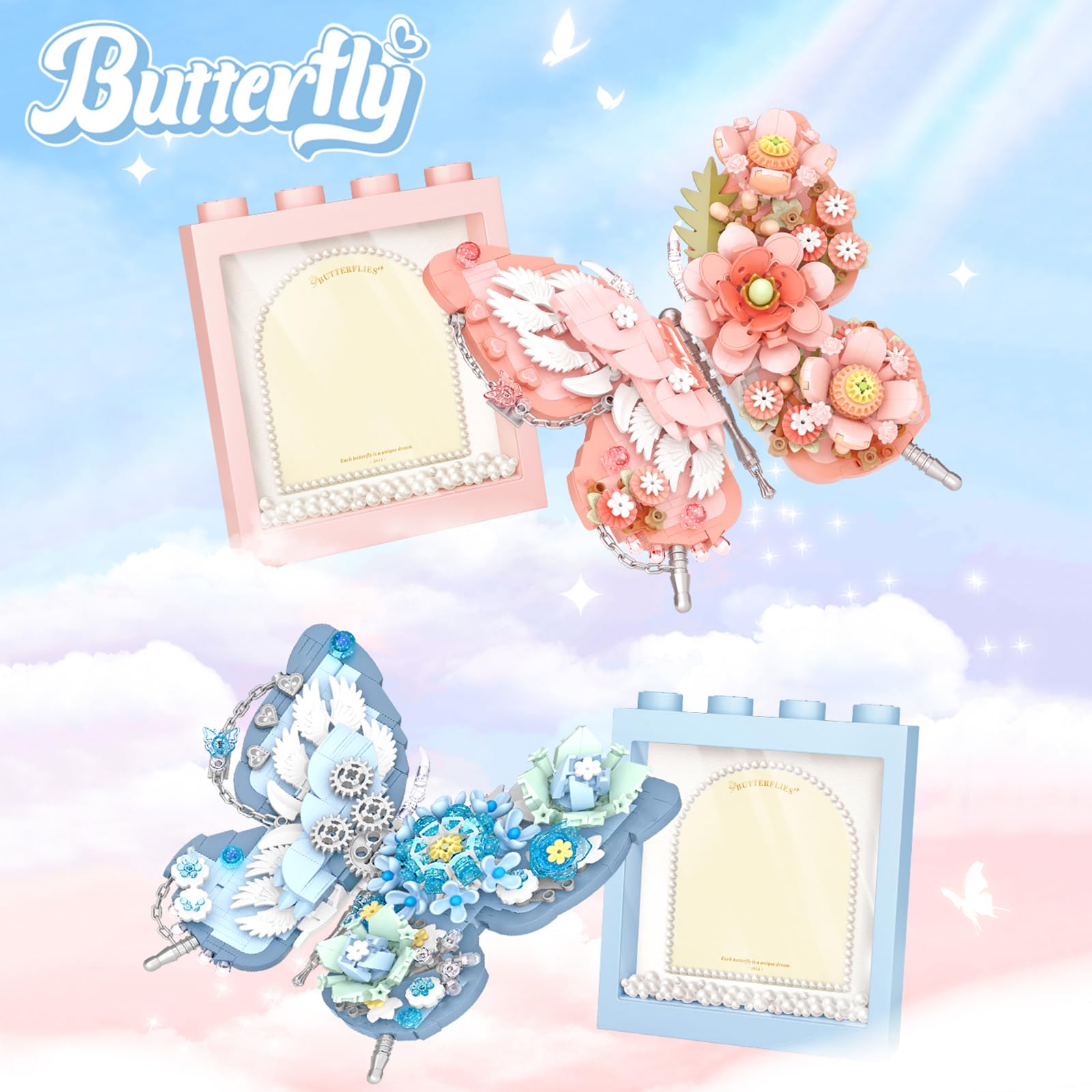 MEIEST Butterfly Picture Frame Building Blocks Set,Creative Flowers Building Set including Exquisite Frame,Fantasy Building Bricks Toys,Home Decor (Blue) - Image 2