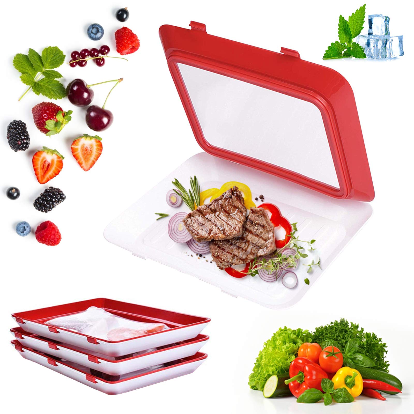 Food Plastic Preservation Tray,Stackable Food Tray Reusable Creative Food Preservation Tray for Food Preservation 4 Pack (red)