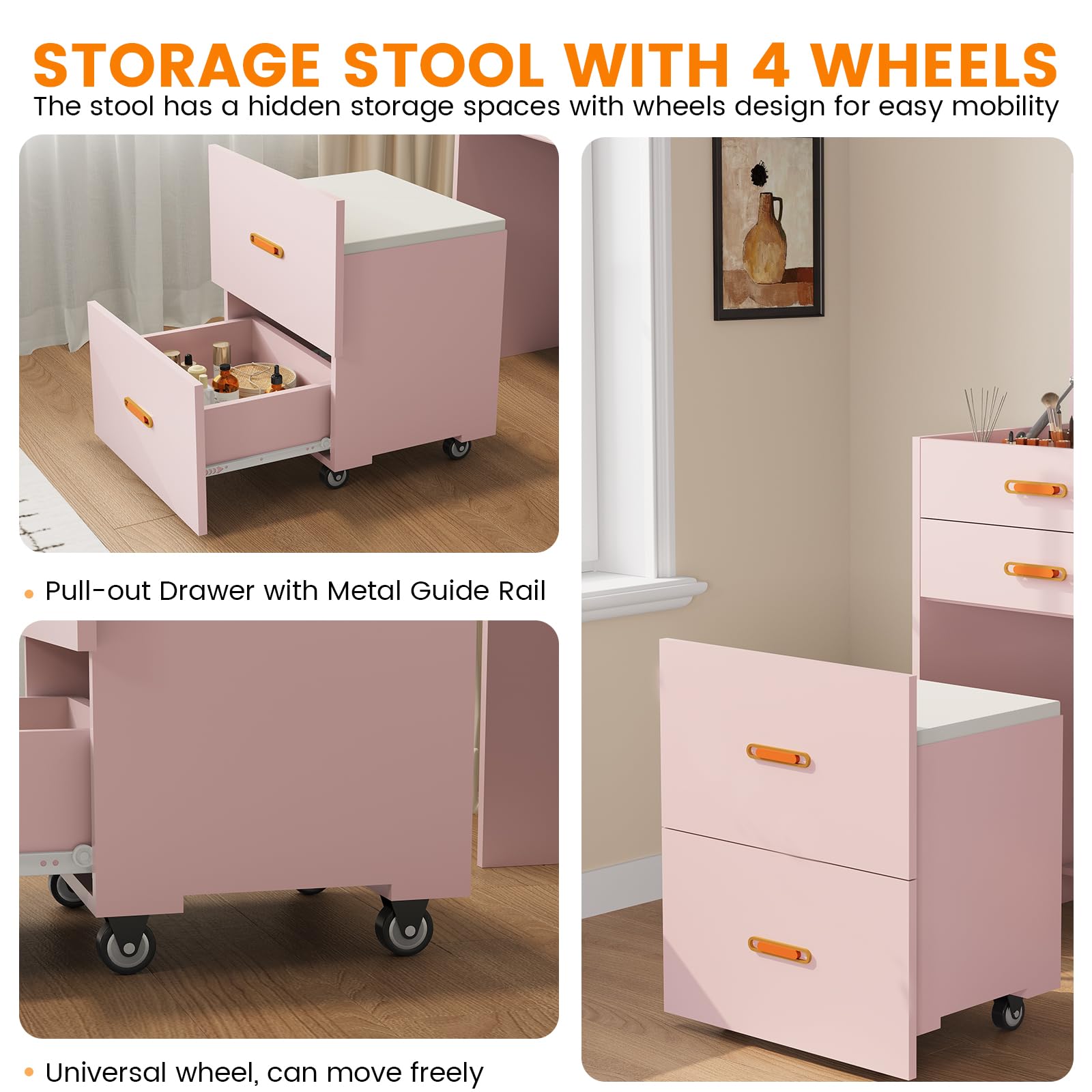 Garvee Tocador Moderno 3 en 1 para Dormitorio - 3 cajones amplios - Mesa de Maquillaje Multifuncional - Diseño Elegante para el hogar - Color Rosa