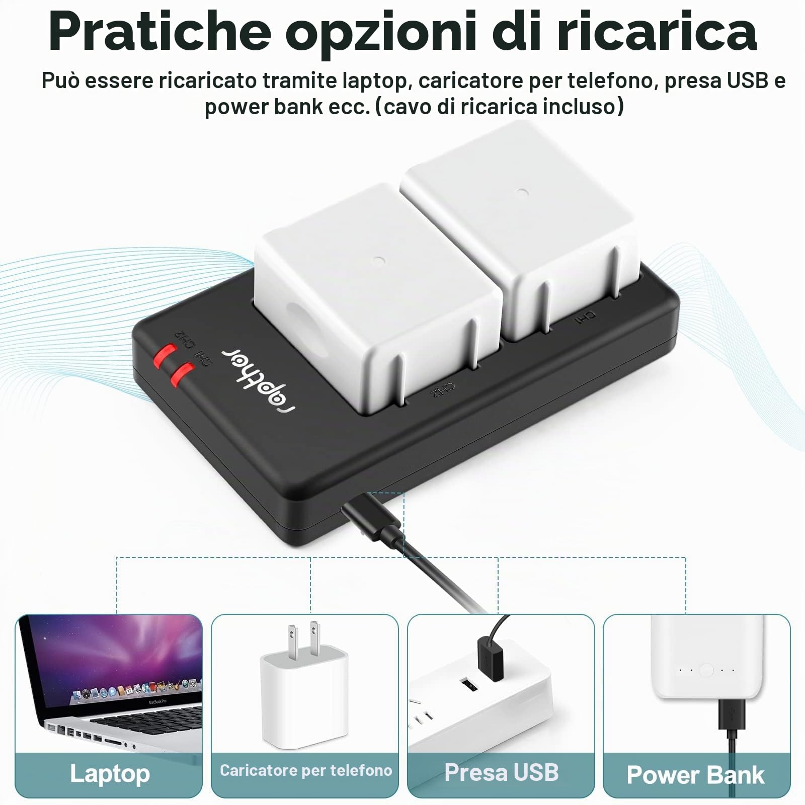 Rapthor Confezione da 2 batterie di ricambio da 4950 mAh con caricabatterie per fotocamere Arlo | Compatibile con Arlo Pro 4, Pro 3, Ultra 2 e Ultra; batterie al litio ricaricabili da 3,85 V per telecamere di sicurezza