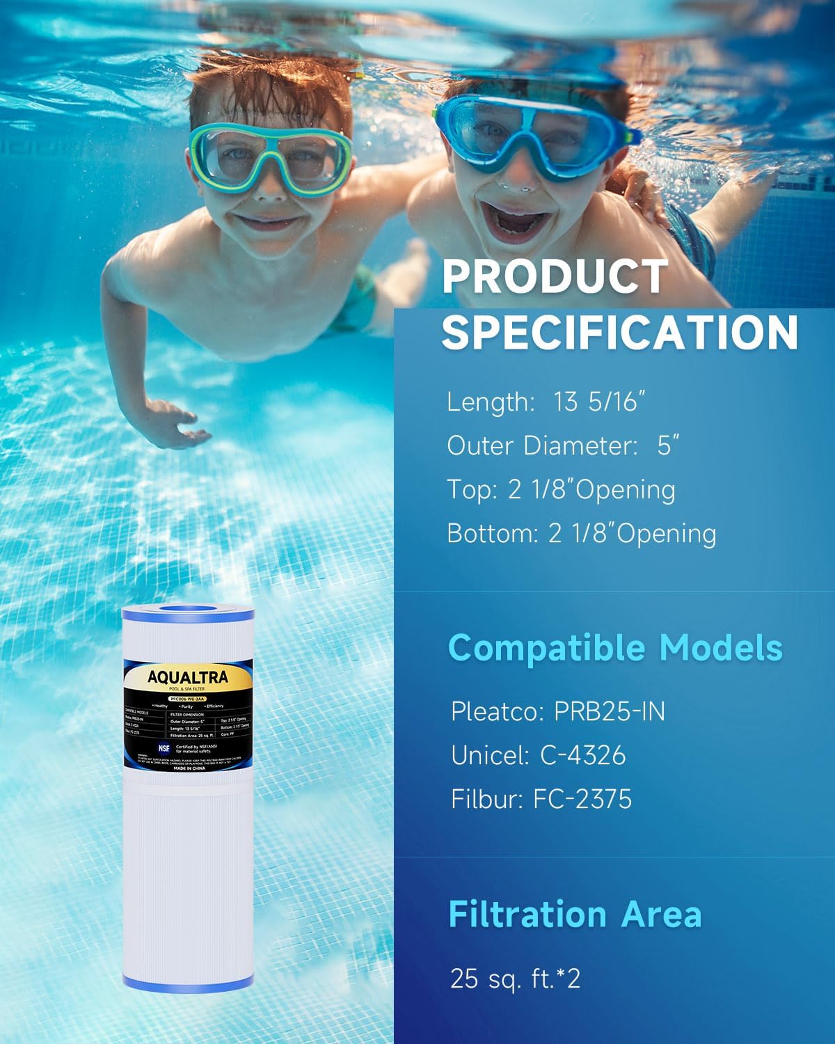 AQUALTRA Spa Filter Compatible with PRB25-IN, C-4326, FC-2375, FC-2370, 3005845, 17-2327, 100586, 33521, 25392, 817-2500, Guardian 413-106, 13 5/16" x 5" Drop in Hot Tub Filter 2 Pack