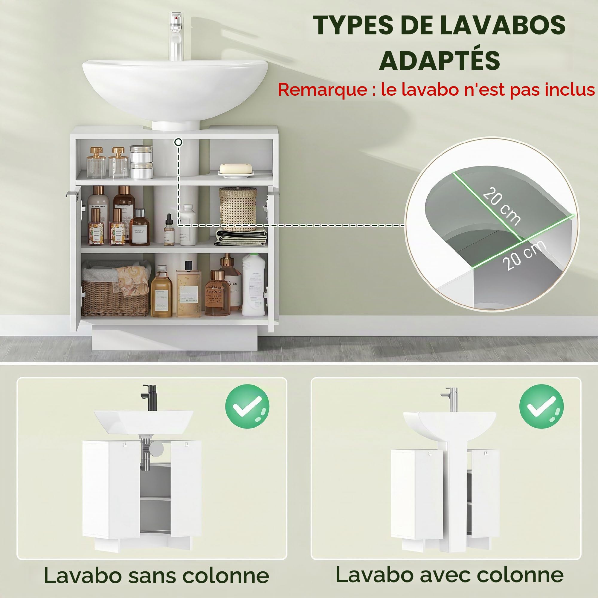 HOMCOM Meuble sous Lavabo avec Fermeture Douce 60x33x63cm Blanc
