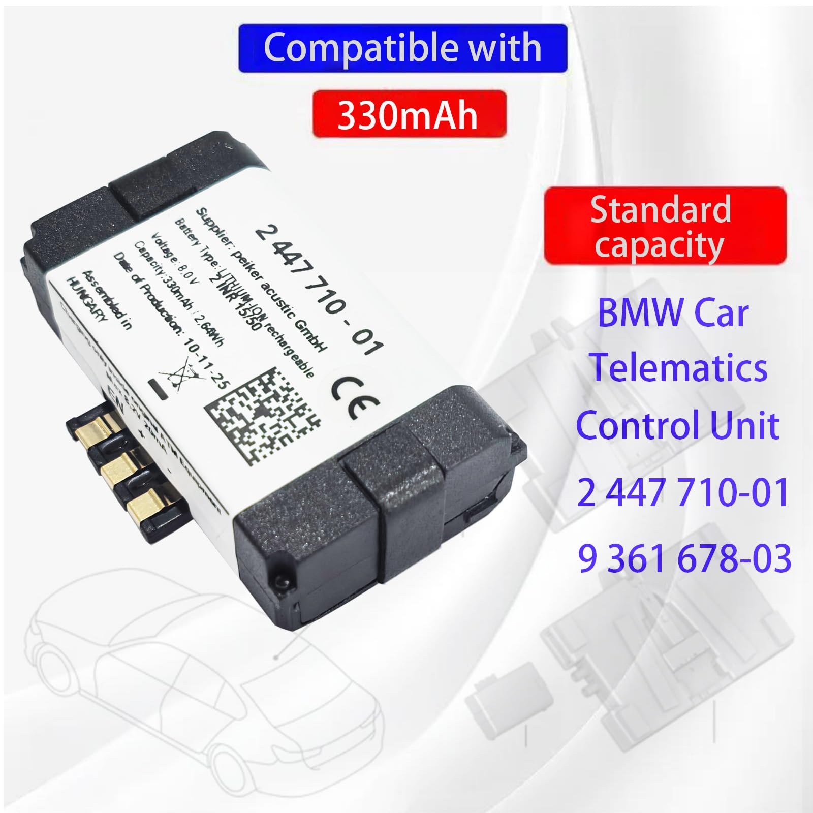 Modello 710 BMW 2 447 710-01, 9 361 678-03 batteria di ricambio compatibile con Telematics Control Unit (330 mAh, 8 V, NiCd) BMW F57, G32, M5 F90, G30, G31, G21, G28, X3 F25, X3 G01, X1 F48