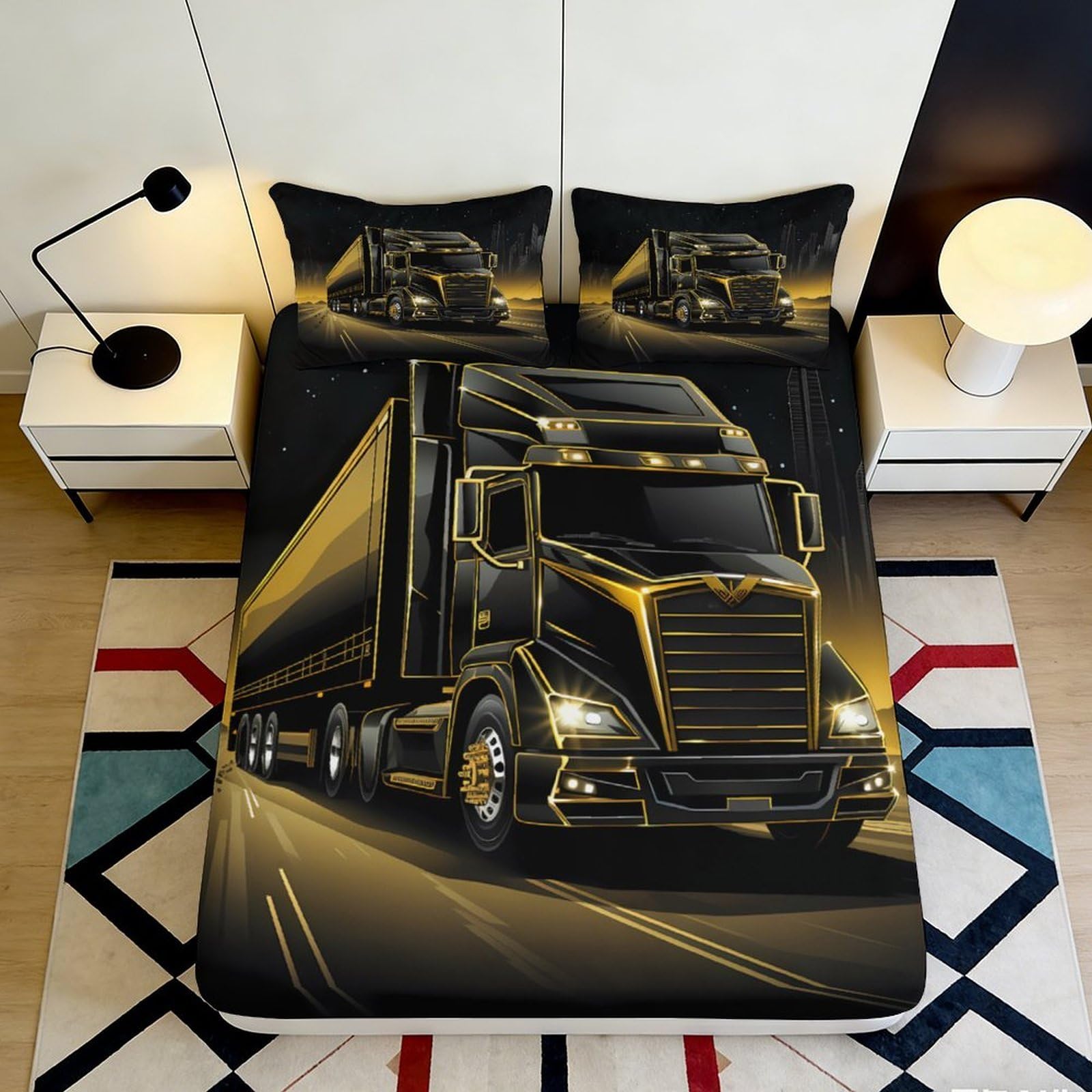 3D Printed Golden Truck Fitted Sheet Microfiber Durable Breathable Black Truck Bed Cover for Bedroom Dormitory Guest Room Mattress Protection 90x200x25cm