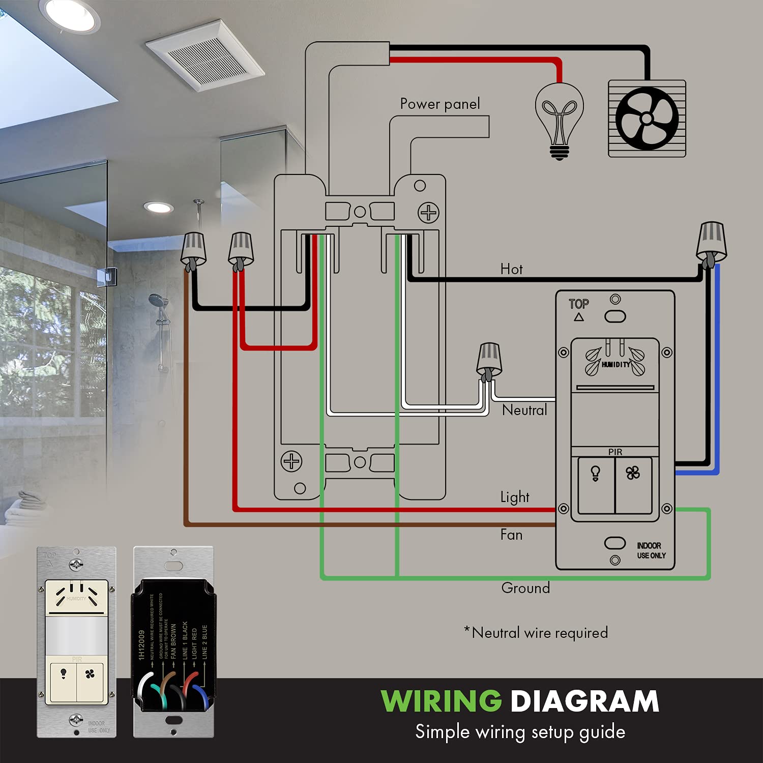 TOPGREENER Interrupteur de capteur d'humidité avec capteur de mouvement et éclairage PIR, câble neutre nécessaire, détection d'humidité de l'air pour ventilateur de ventilation, contrôle automatisé du