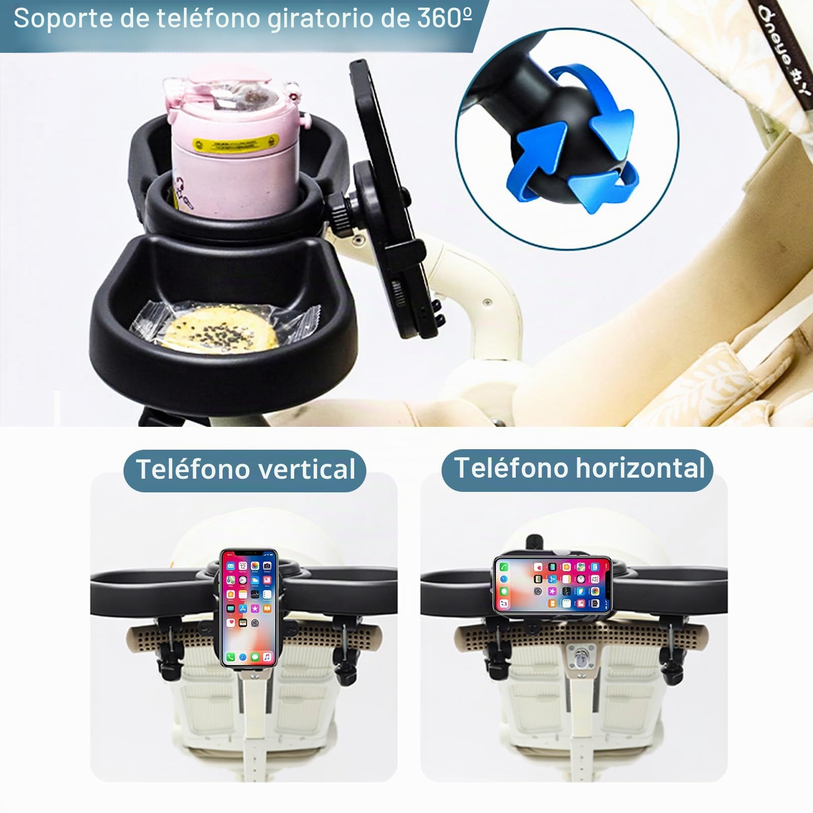Vihir Bandeja para Cochecito de Bebé, 4 en 1 Bandeja de bocadillos Universal para Cochecito con Portabocadillos y Soporte para Móvil, Clip Ajustable Giratorio 360°, para Cochecitos con Reposabrazos